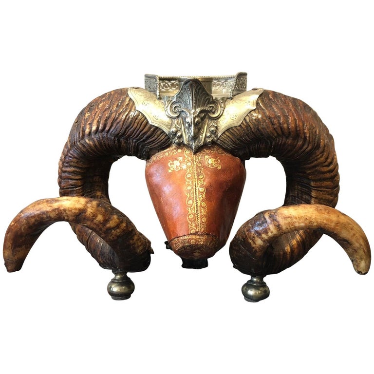 19th Century British Empire Silver and Tooled Leather Mounted Rams Horn