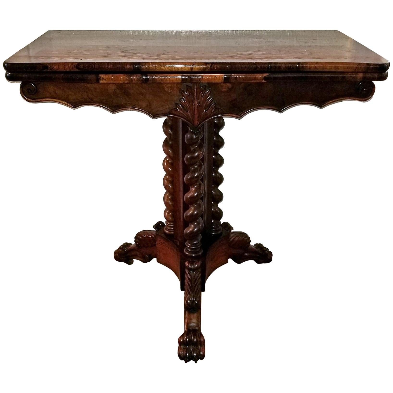 19th Century British Fold over Card Table with Tripod Barley Twist