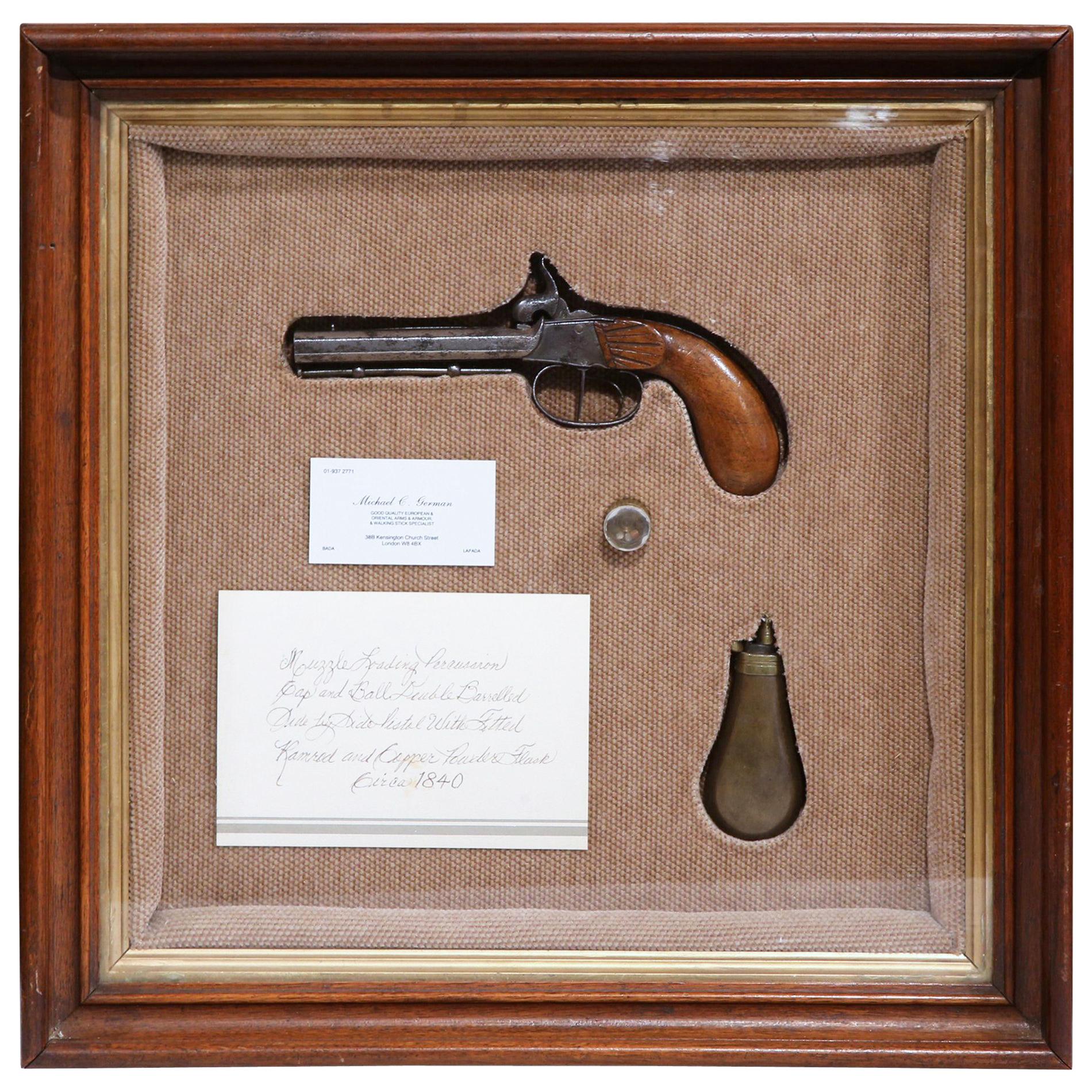 19th Century British Glass Vitrine with Pistol, Ramrod and Copper Powder Flask