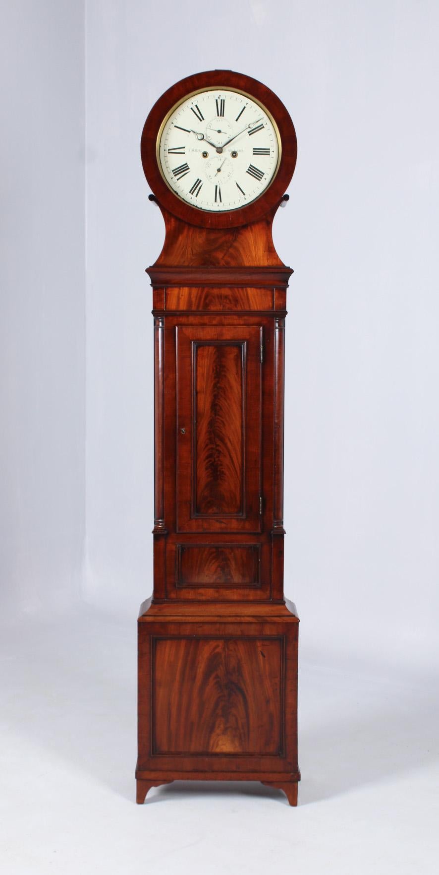 Scotland
Mahogany
Georgian, circa 1825

Measures: Height 208 cm, width 42 cm, depth 18 cm

Description: 
Antique mahogany grandfather clock with seconds pendulum and very attractive dial.
Slender longcase standing on delicate cut-out