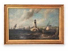 19th century British Maritime Oil Painting of Plymouth Breakwater Lighthouse