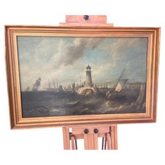19th century British Maritime Oil Painting of Plymouth Breakwater Lighthouse