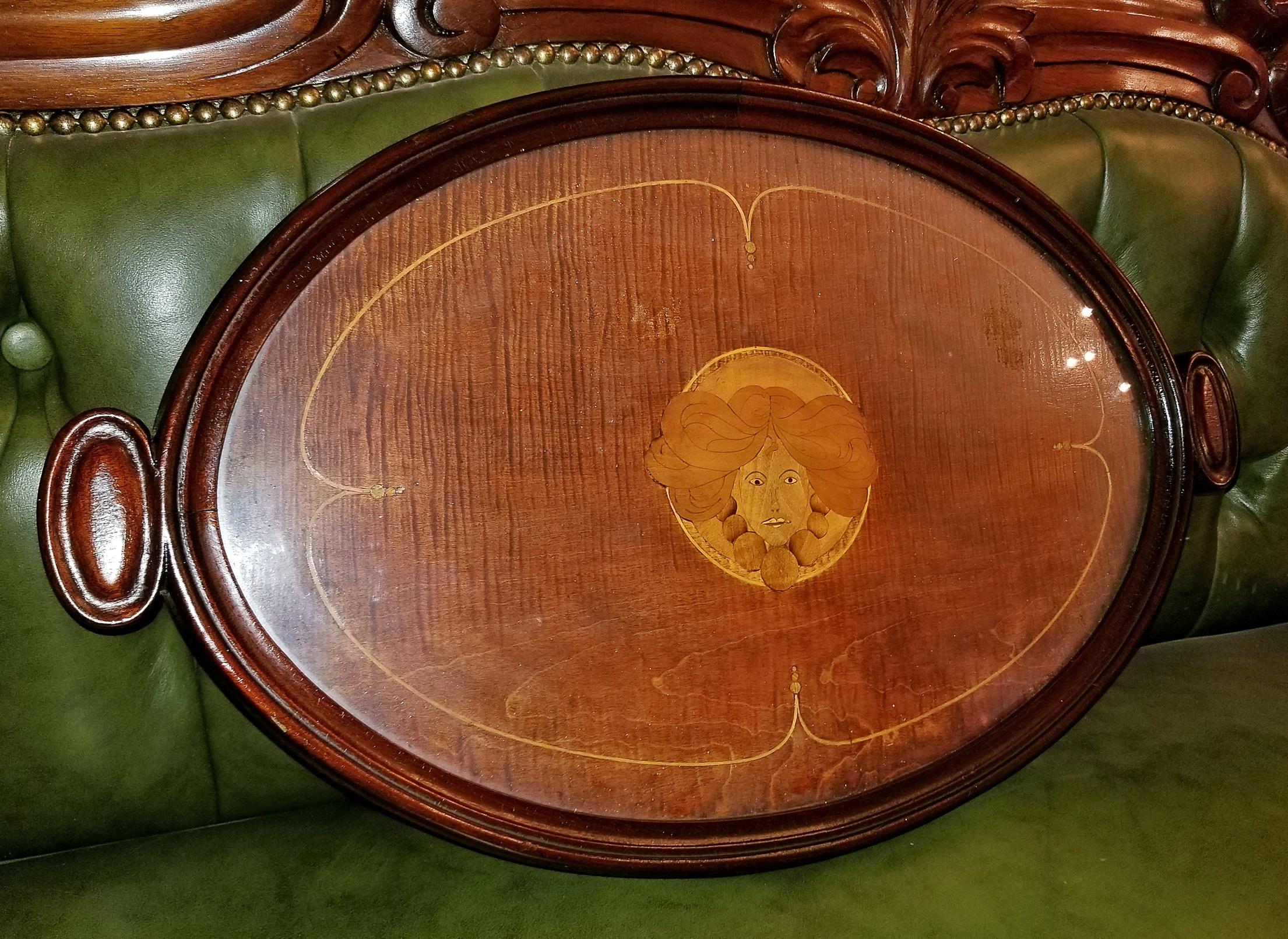 English Art Nouveau British Marquetry Inlaid Serving Tray