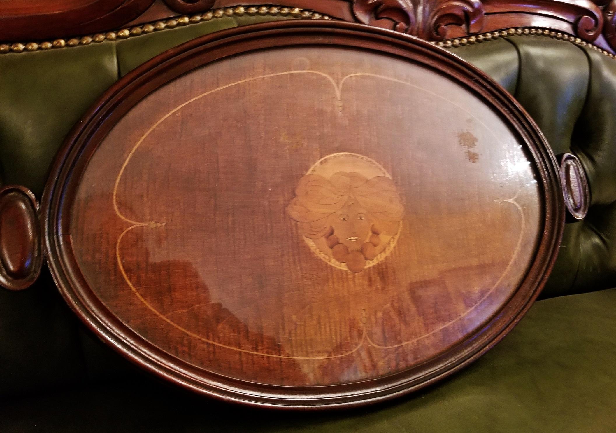 Hand-Crafted Art Nouveau British Marquetry Inlaid Serving Tray