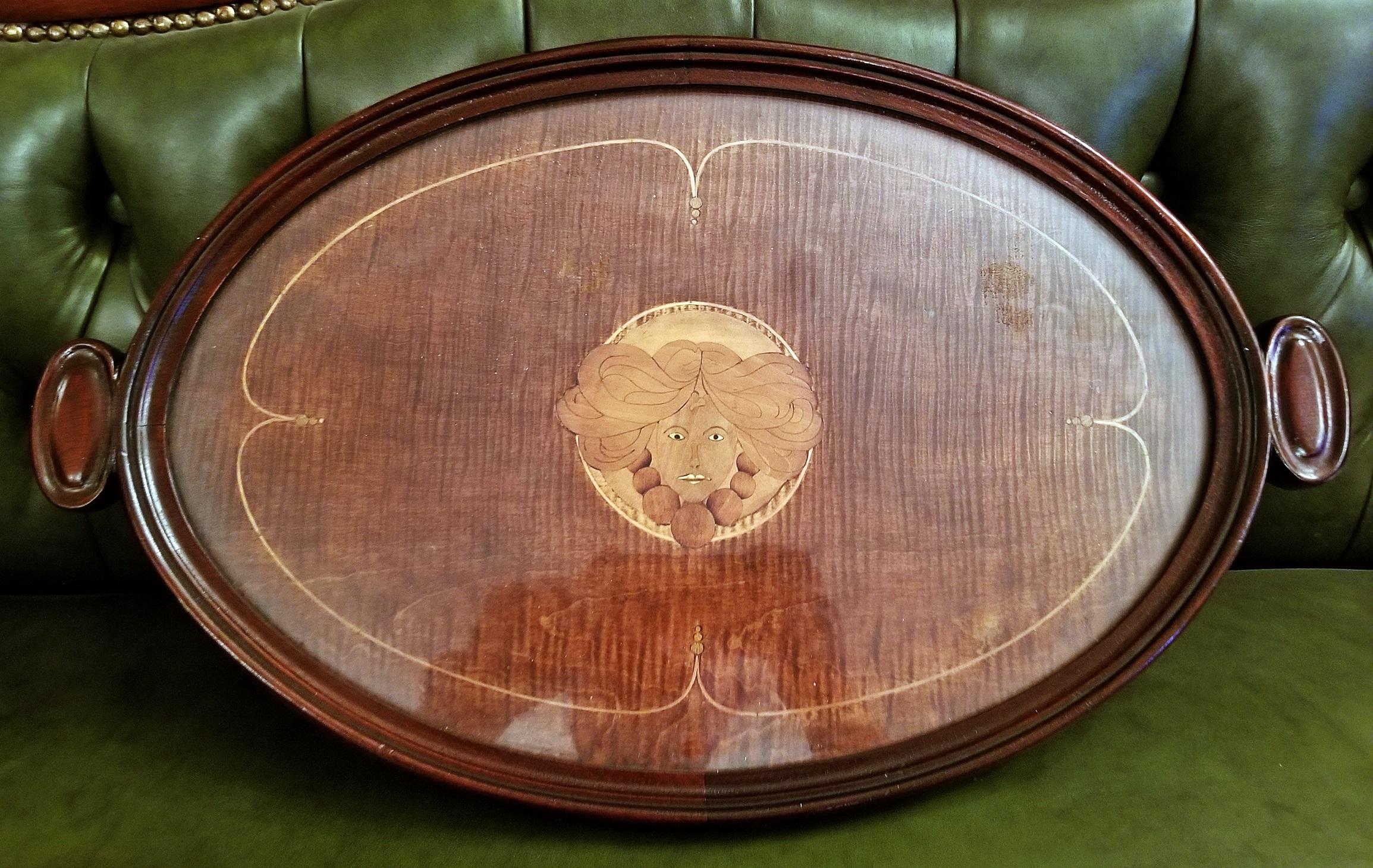 Art Nouveau British Marquetry Inlaid Serving Tray In Good Condition In Dallas, TX