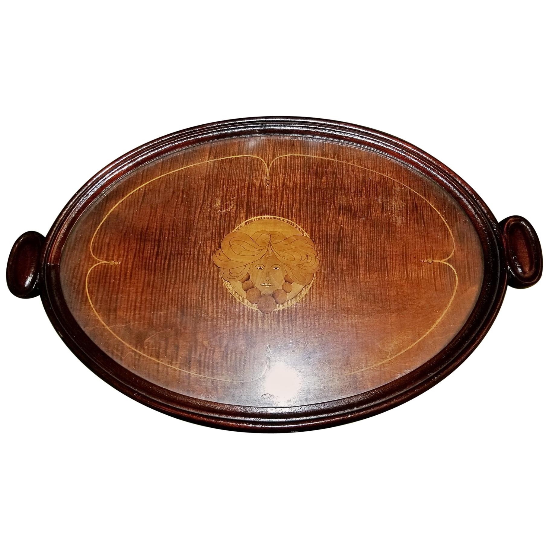 Art Nouveau British Marquetry Inlaid Serving Tray