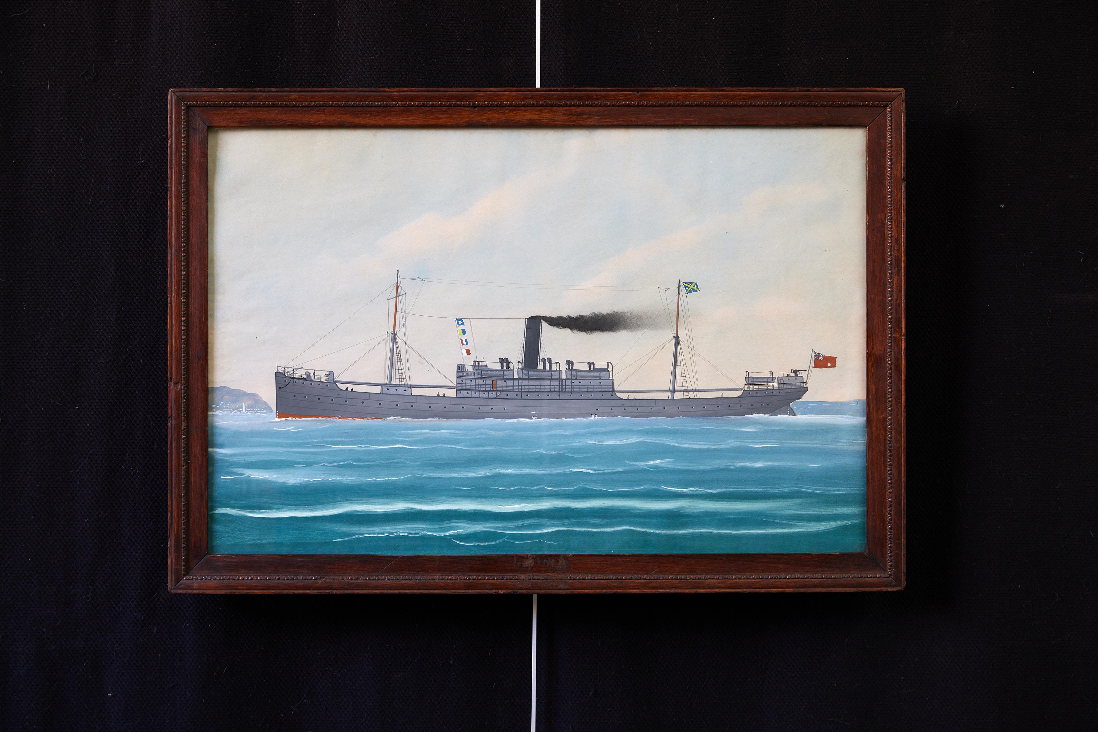 Charming 19th Century nautical painting of a British merchant steamship at sea. In the painting, the Red Ensign flag or 