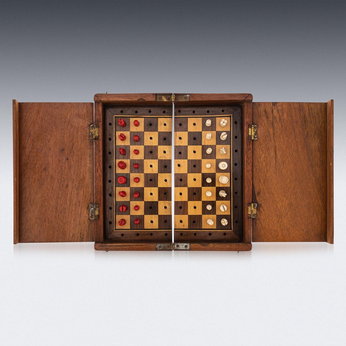 Antique late 19th Century Victorian oak cased chess set. If the award winning Netflix series 'The Queens Gambit' did not tempt you into the world of chess, then perhaps opening this litle beauty on holiday with a few Negroni's just might! Although