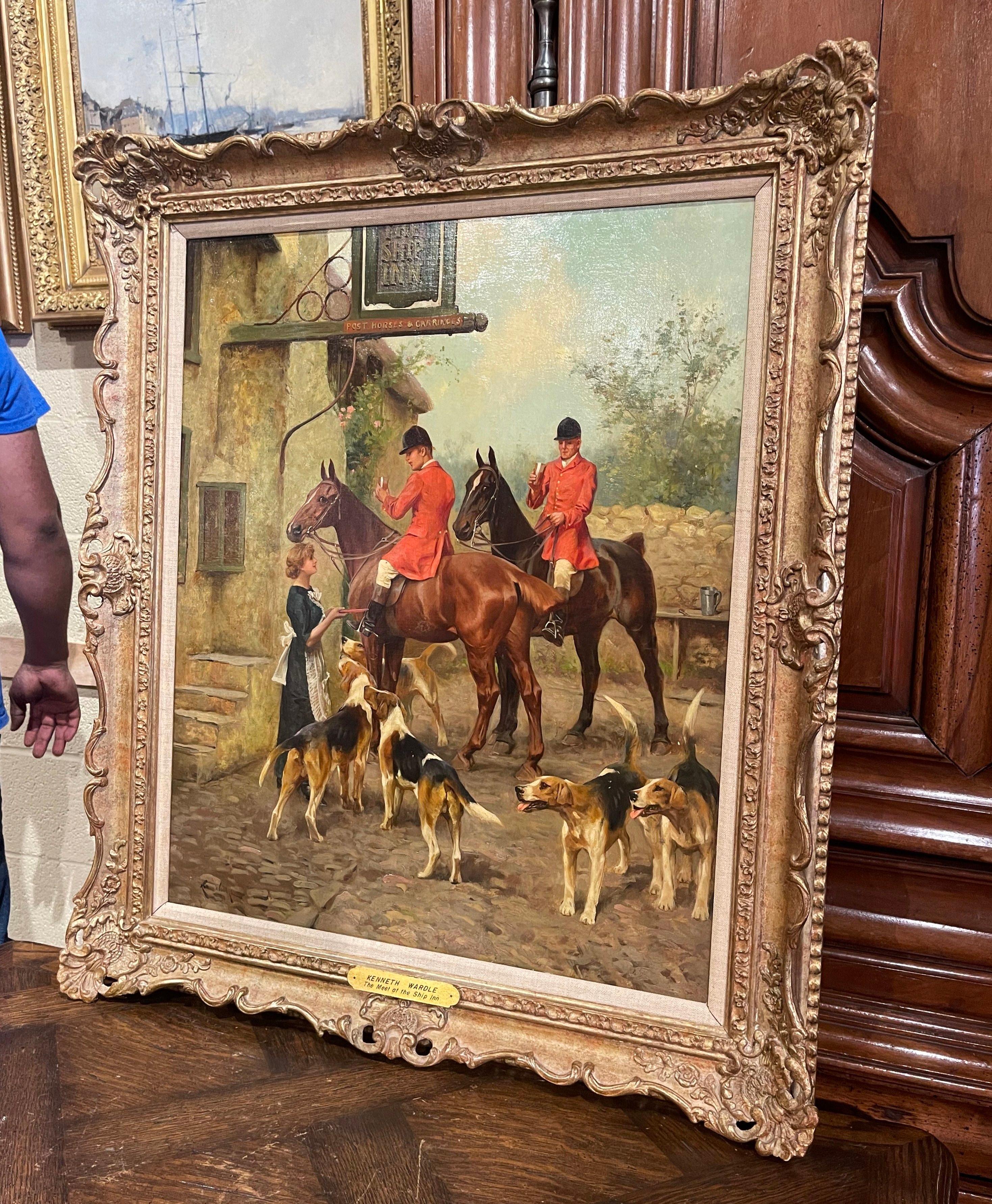 Décorez un bureau ou un pavillon avec cette élégante peinture ancienne à l'huile sur toile. Créée en Angleterre vers 1880 et présentée dans son cadre d'origine en bois doré sculpté, l'œuvre intitulée 