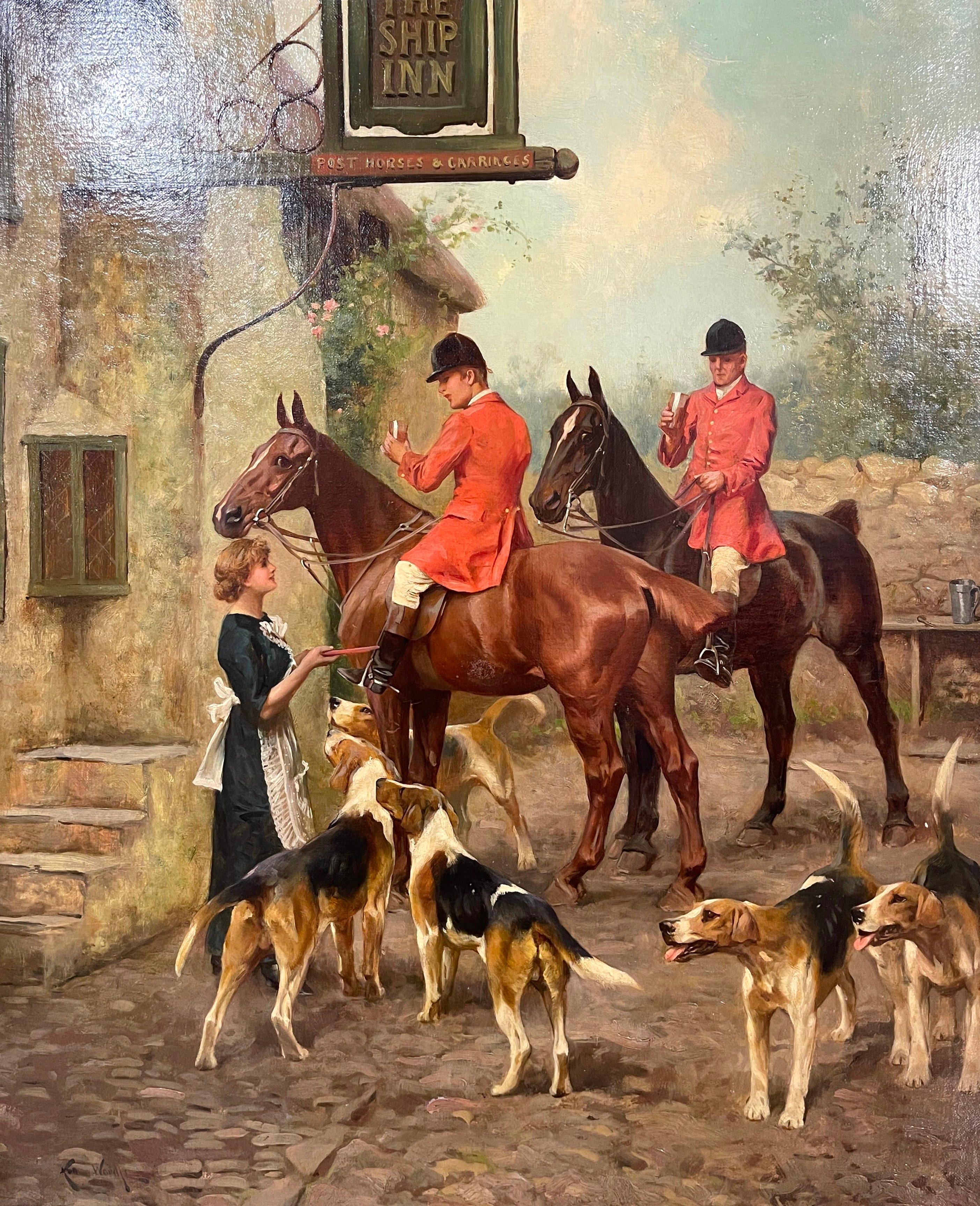 English 19th Century British Oil on Canvas Hunt Painting in Gilt Frame Signed K. Wardle For Sale