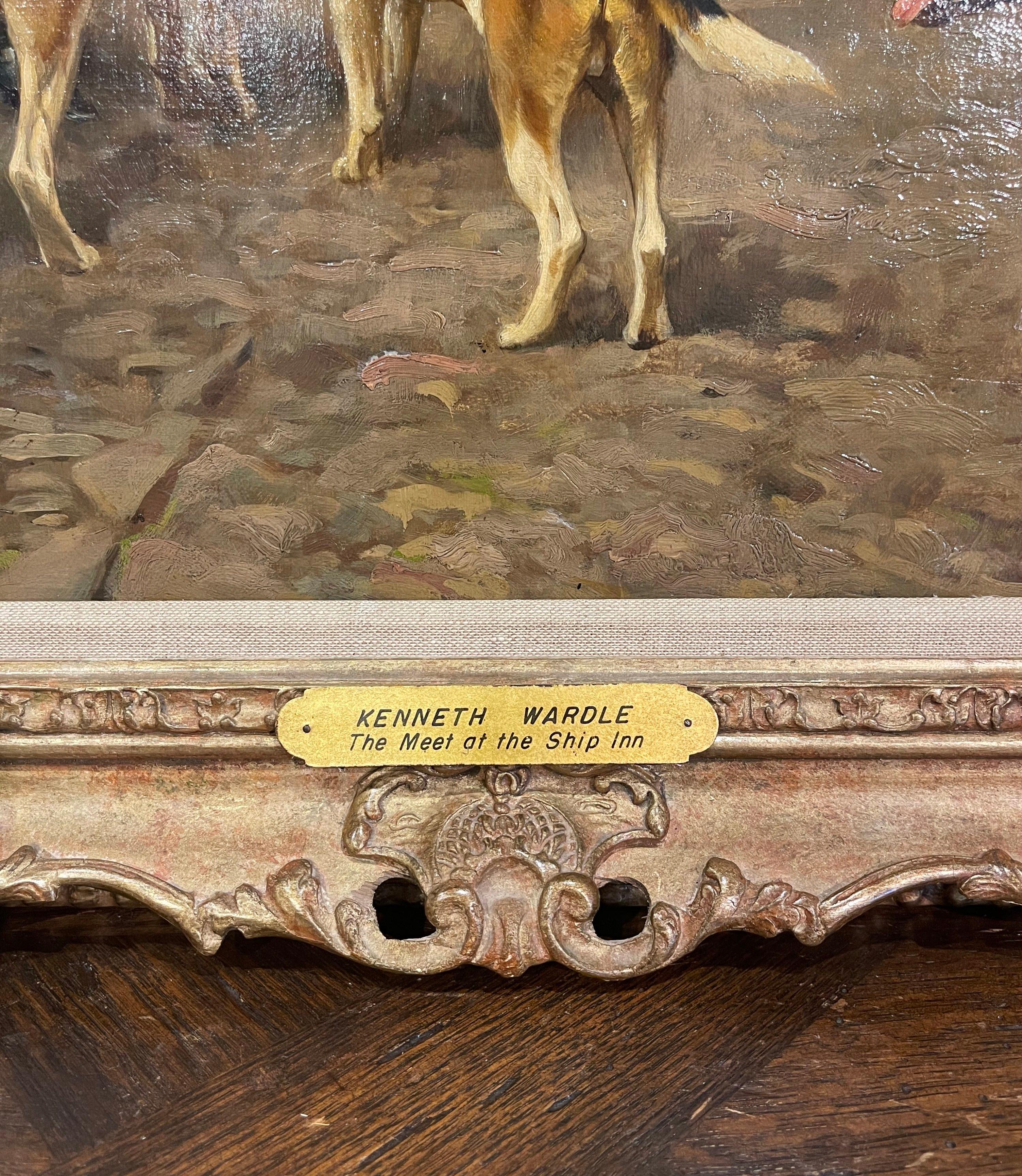 Sculpté à la main Peinture à l'huile sur toile britannique du 19ème siècle représentant une chasse dans un cadre doré, signée K. Wardle en vente