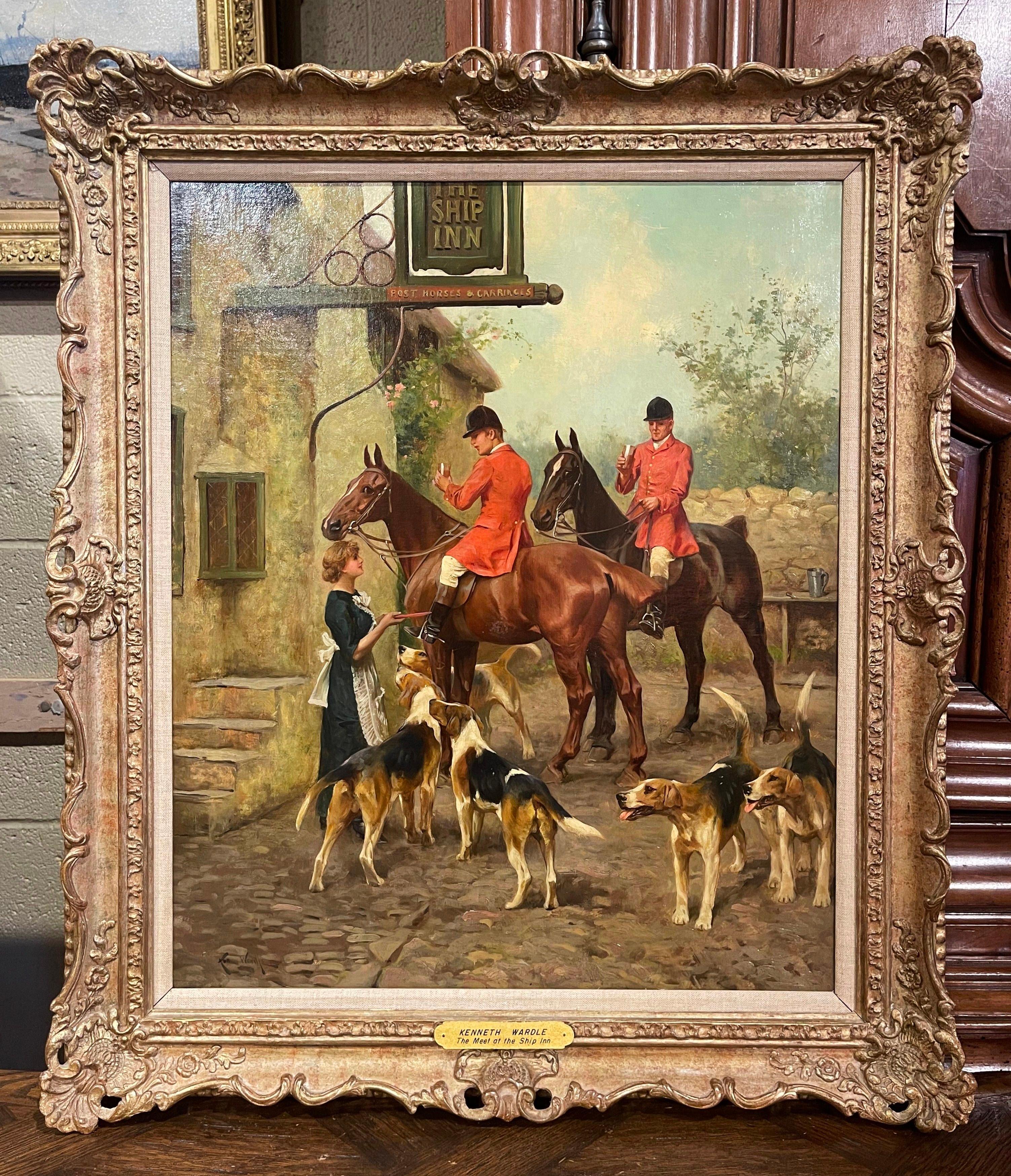 Peinture à l'huile sur toile britannique du 19ème siècle représentant une chasse dans un cadre doré, signée K. Wardle Excellent état - En vente à Dallas, TX