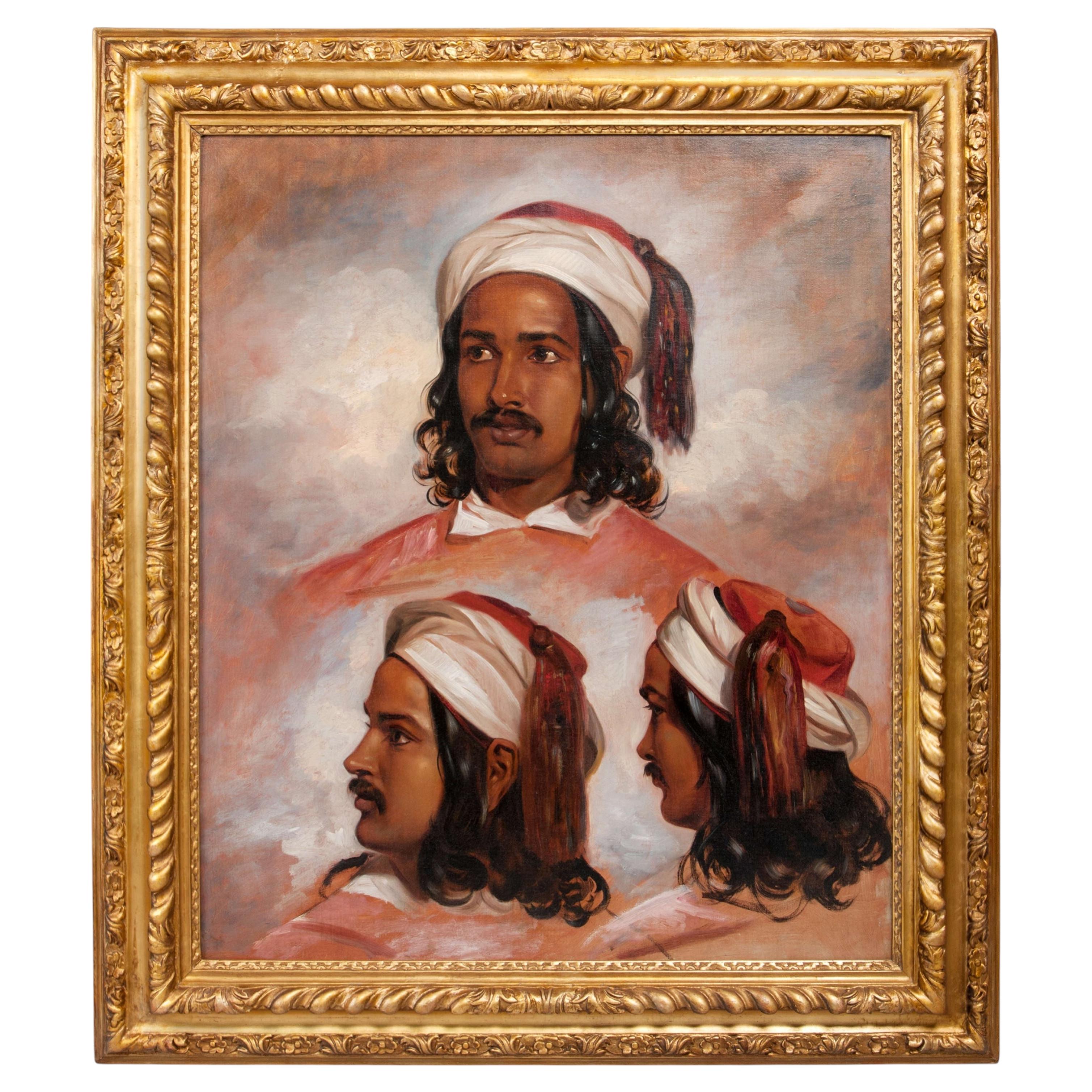 Portrait à l'huile anglais du XIXe siècle représentant un jeune homme oriental