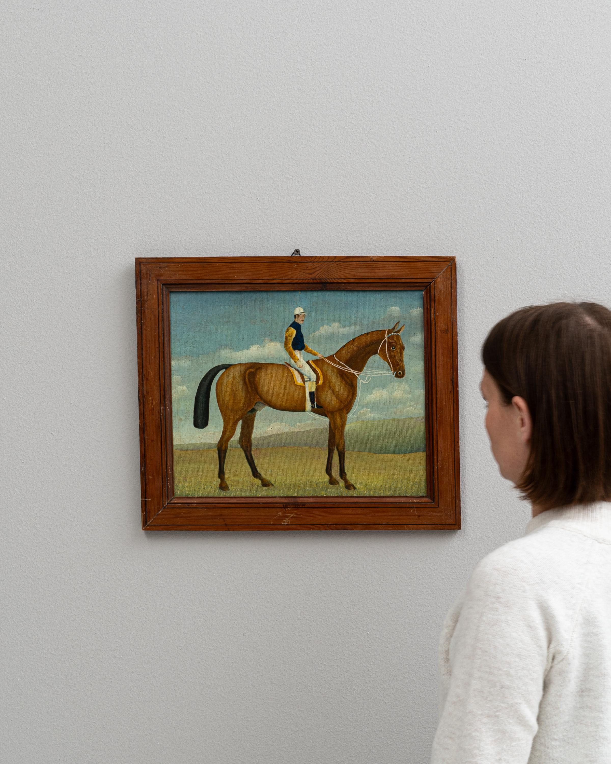 Add a touch of British elegance to your space with this 19th-century painting, showcasing an exquisitely detailed depiction of a horse and rider set against a serene landscape. The rider, attired in classic equestrian gear, complements the graceful