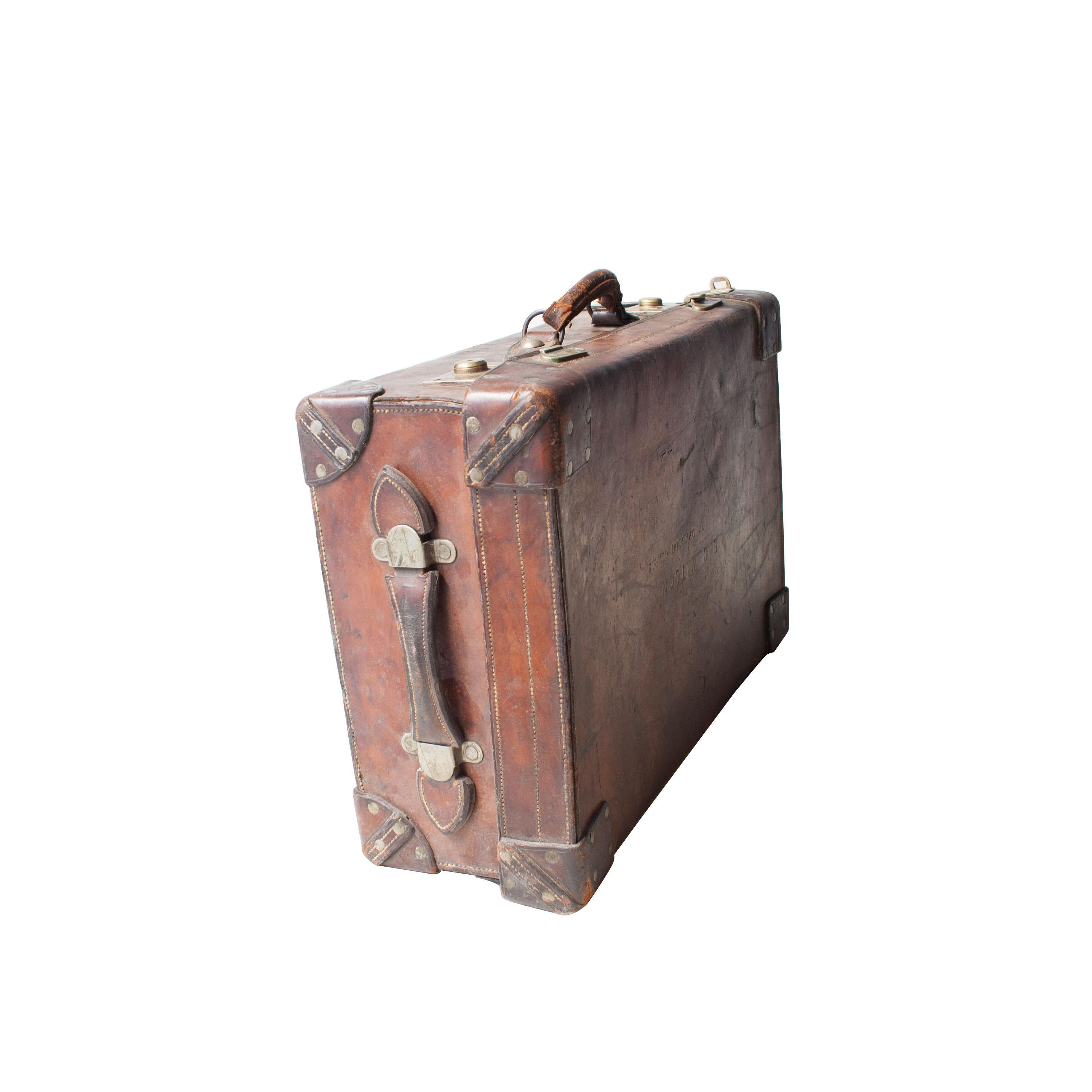 British Colonial 19th Century British Royal Guard Leather Bronze English Suitcase