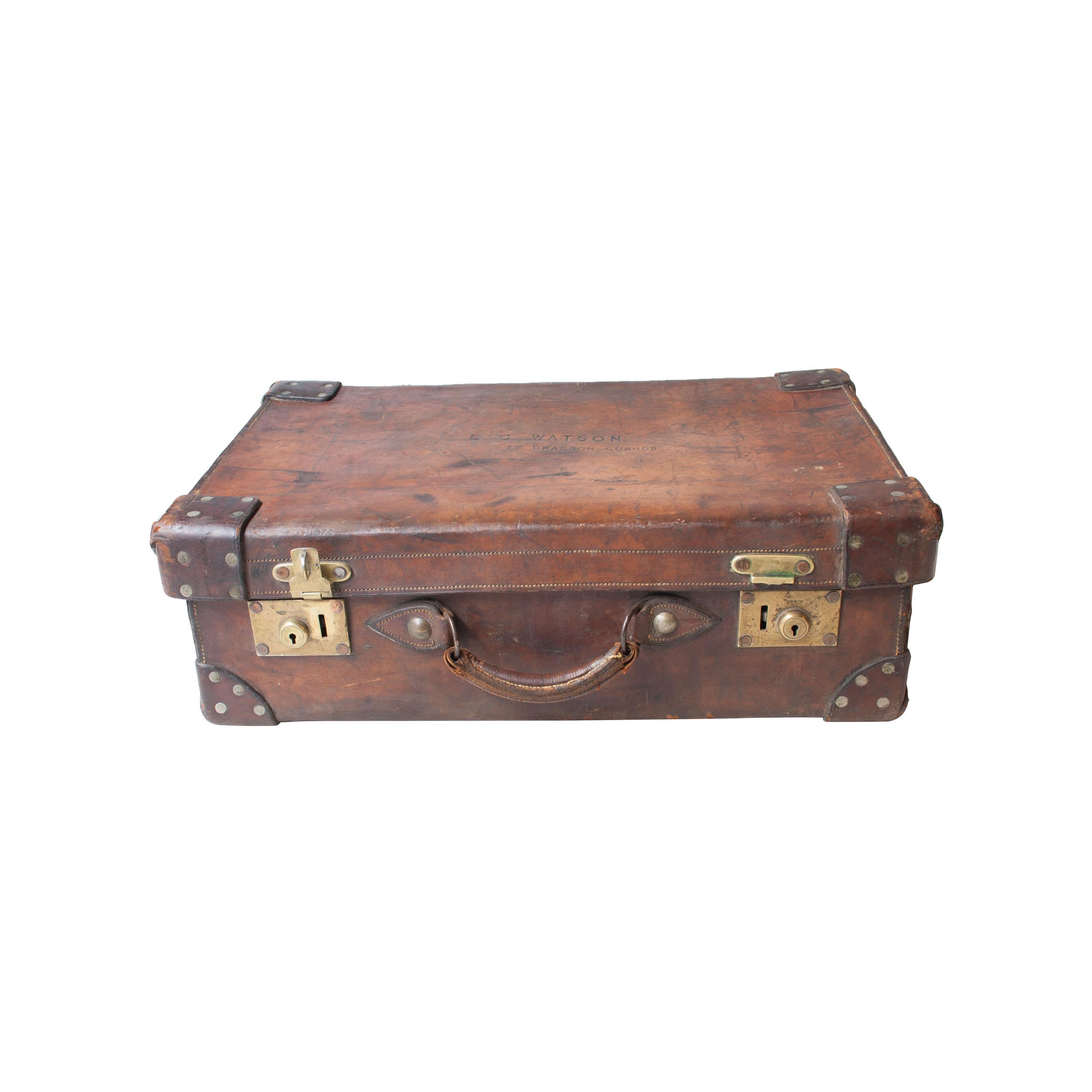 19th Century British Royal Guard Leather Bronze English Suitcase 1
