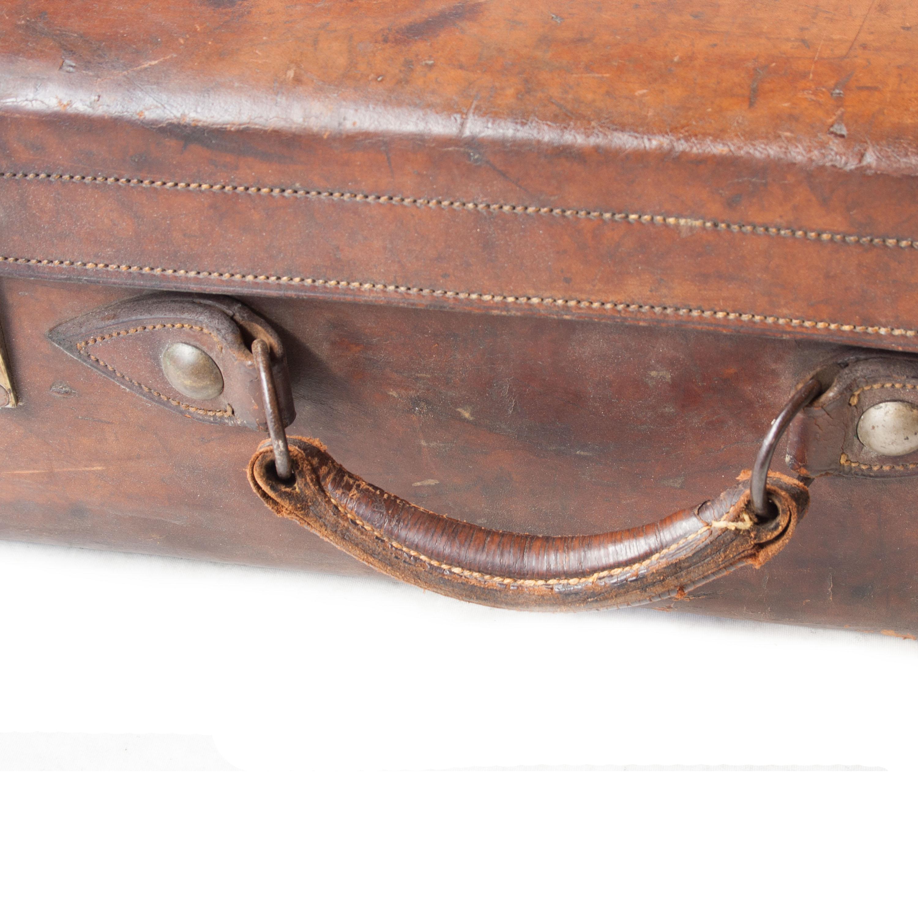19th Century British Royal Guard Leather Bronze English Suitcase 3