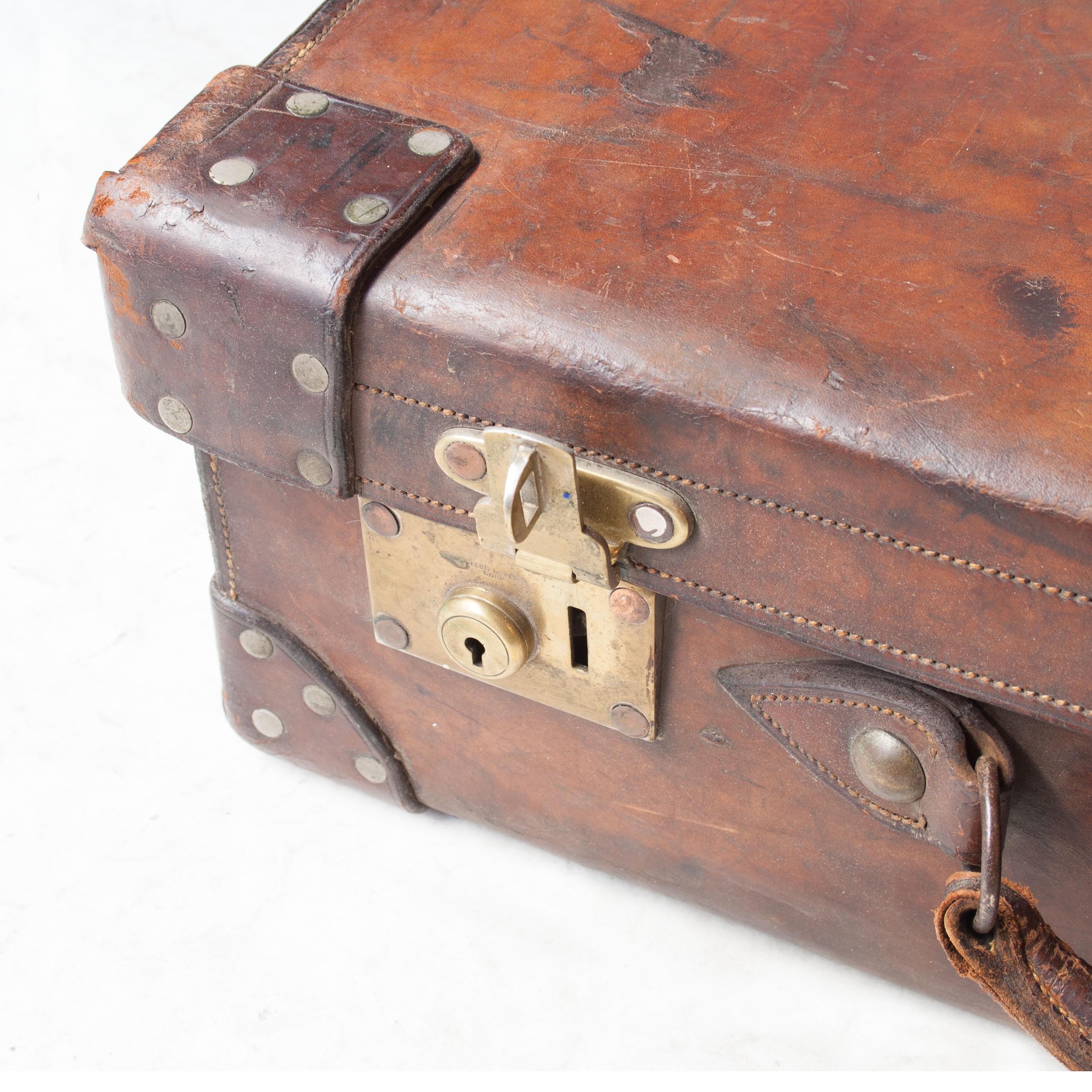 19th Century British Royal Guard Leather Bronze English Suitcase 4