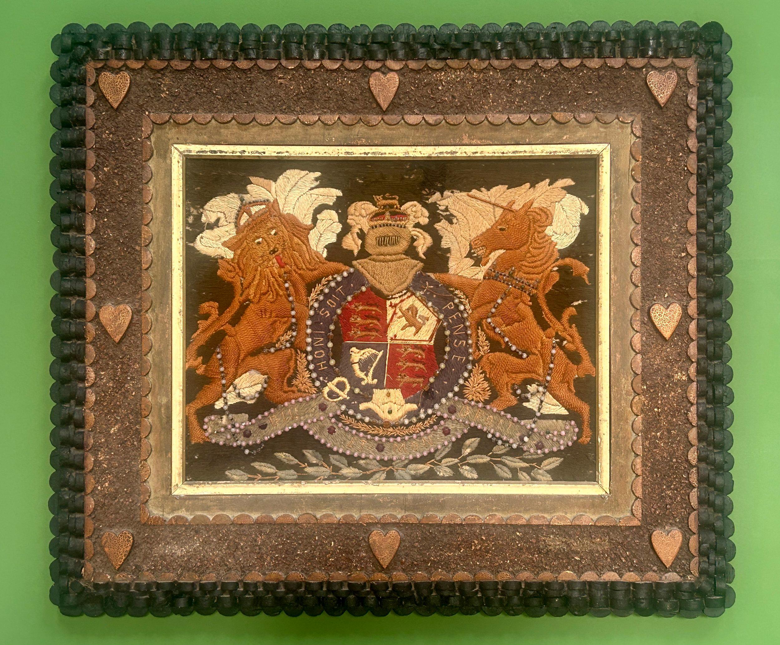 English 19th Century British Sailors Woolwork Royal Coat of Arms in Folk Art Frame For Sale