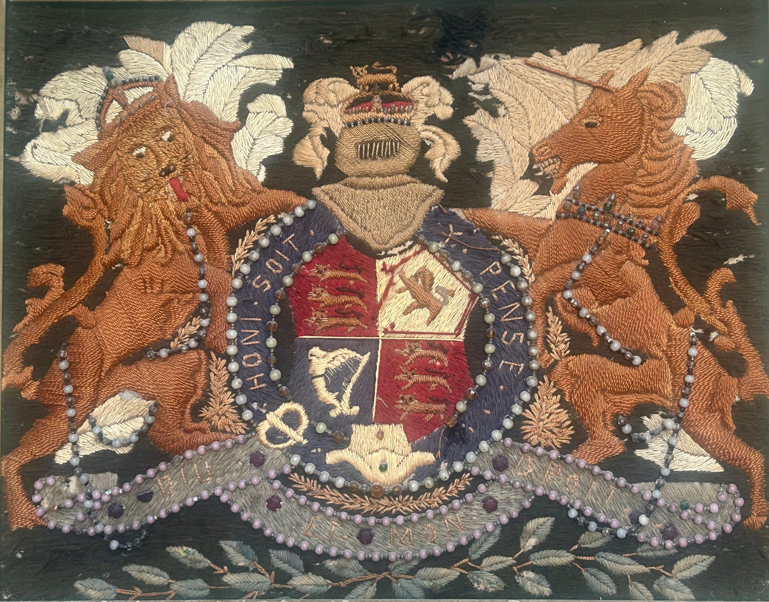 Hand-Carved 19th Century British Sailors Woolwork Royal Coat of Arms in Folk Art Frame For Sale