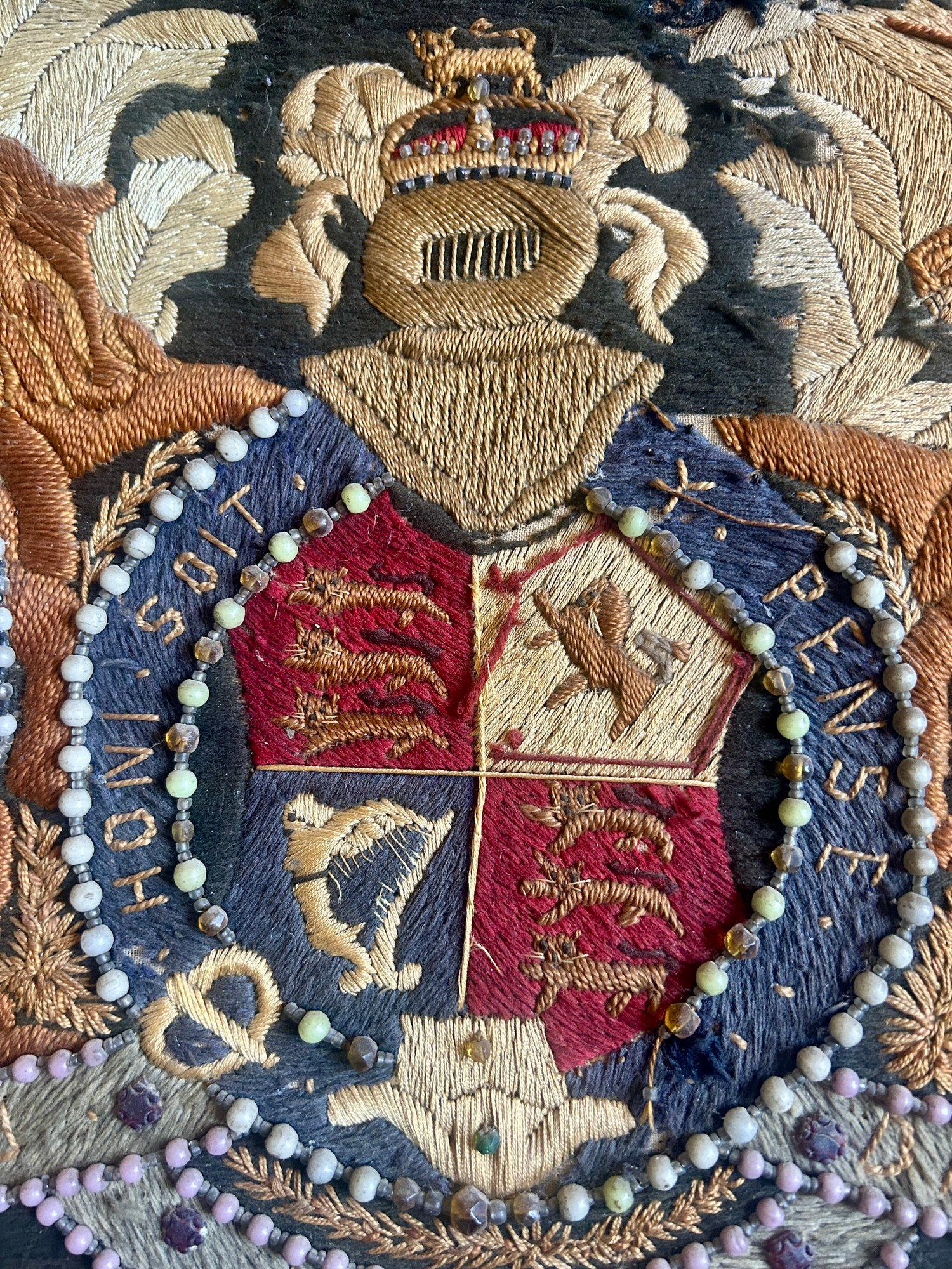Metal 19th Century British Sailors Woolwork Royal Coat of Arms in Folk Art Frame For Sale