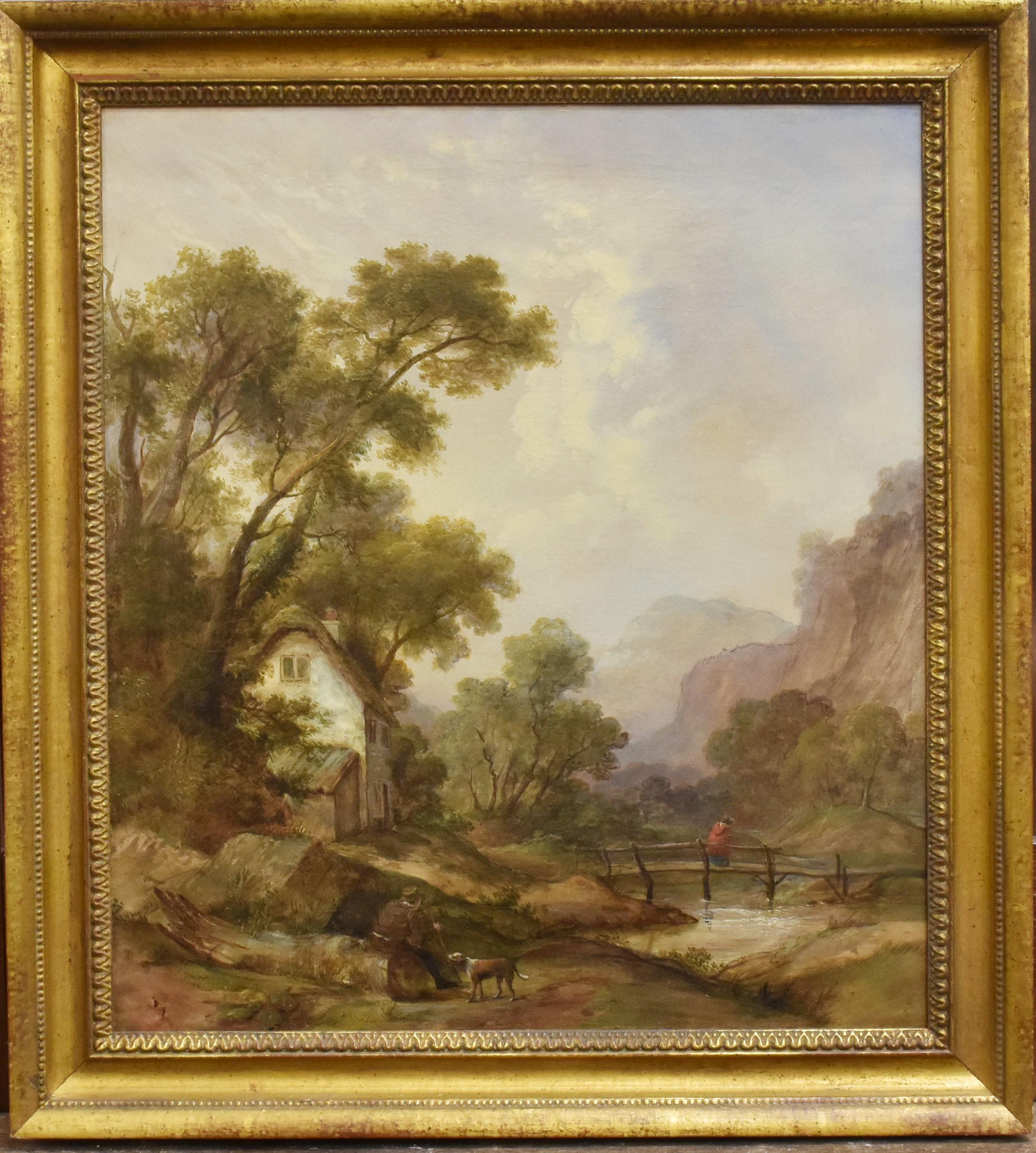 19th century British School Landscape Painting - 1850's British Oil Highland Landscape with Figure and Dog before Country Cottage