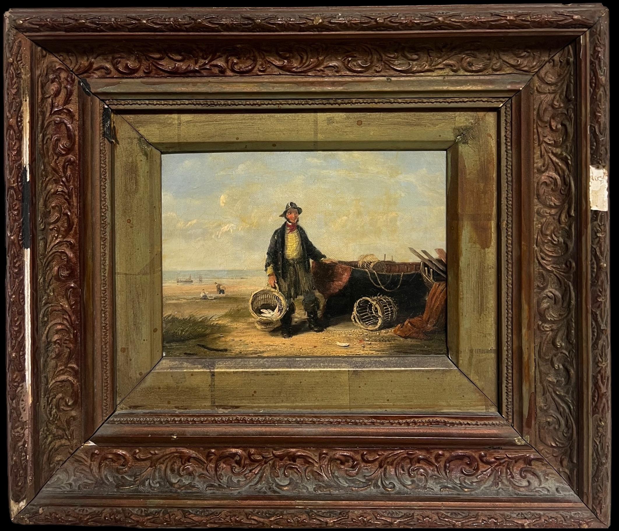 Antique British Oil Painting Fisherman in Beach with his Catch of Fish - Beige Figurative Painting by 19th Century British School
