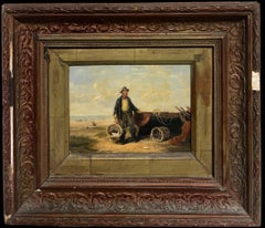 Antique British Oil Painting Pescatore in spiaggia con le sue catture di pesce