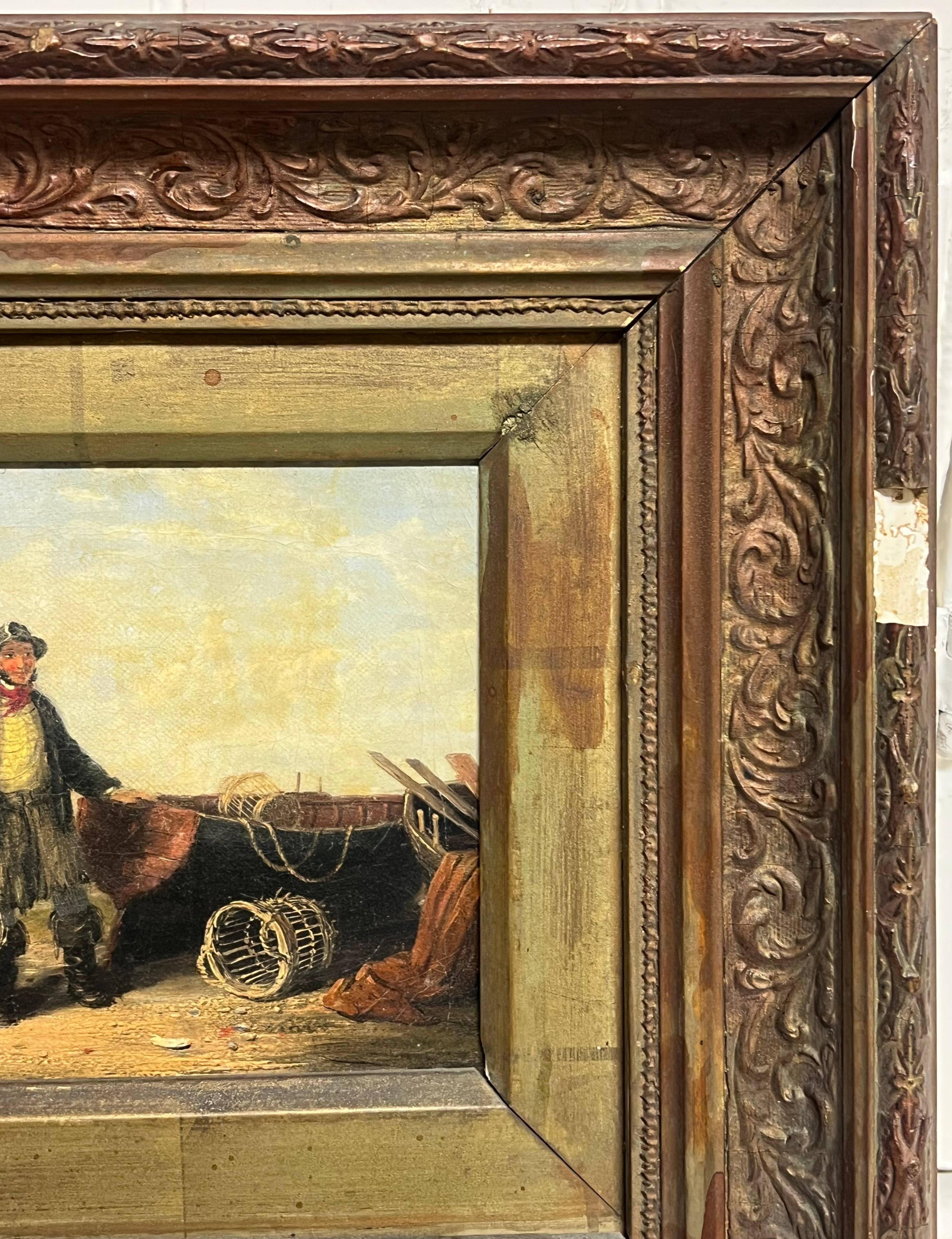 Antique British Oil Painting Fisherman in Beach with his Catch of Fish For Sale 1