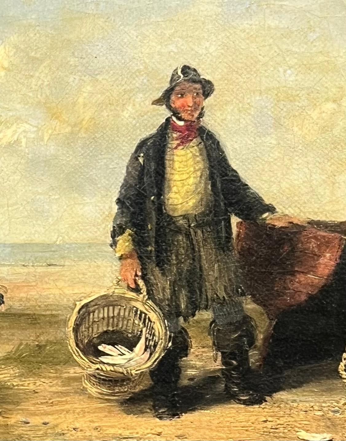 Antique British Oil Painting Fisherman in Beach with his Catch of Fish For Sale 2