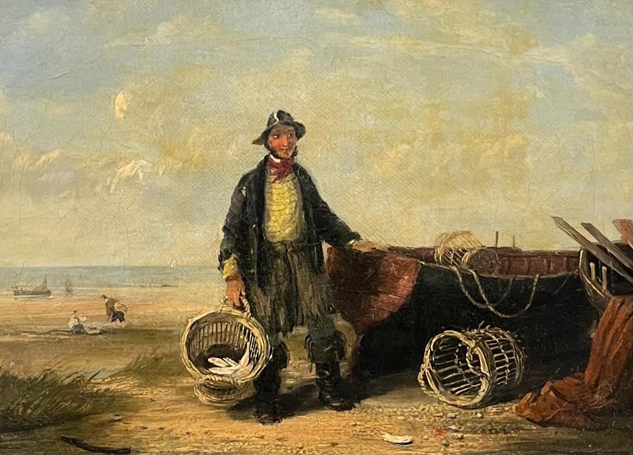 19th Century British School Figurative Painting - Antique British Oil Painting Fisherman in Beach with his Catch of Fish