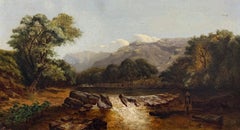 Figure Crossing a Shallow River with Distant Hills & Trees British Oil Landscape