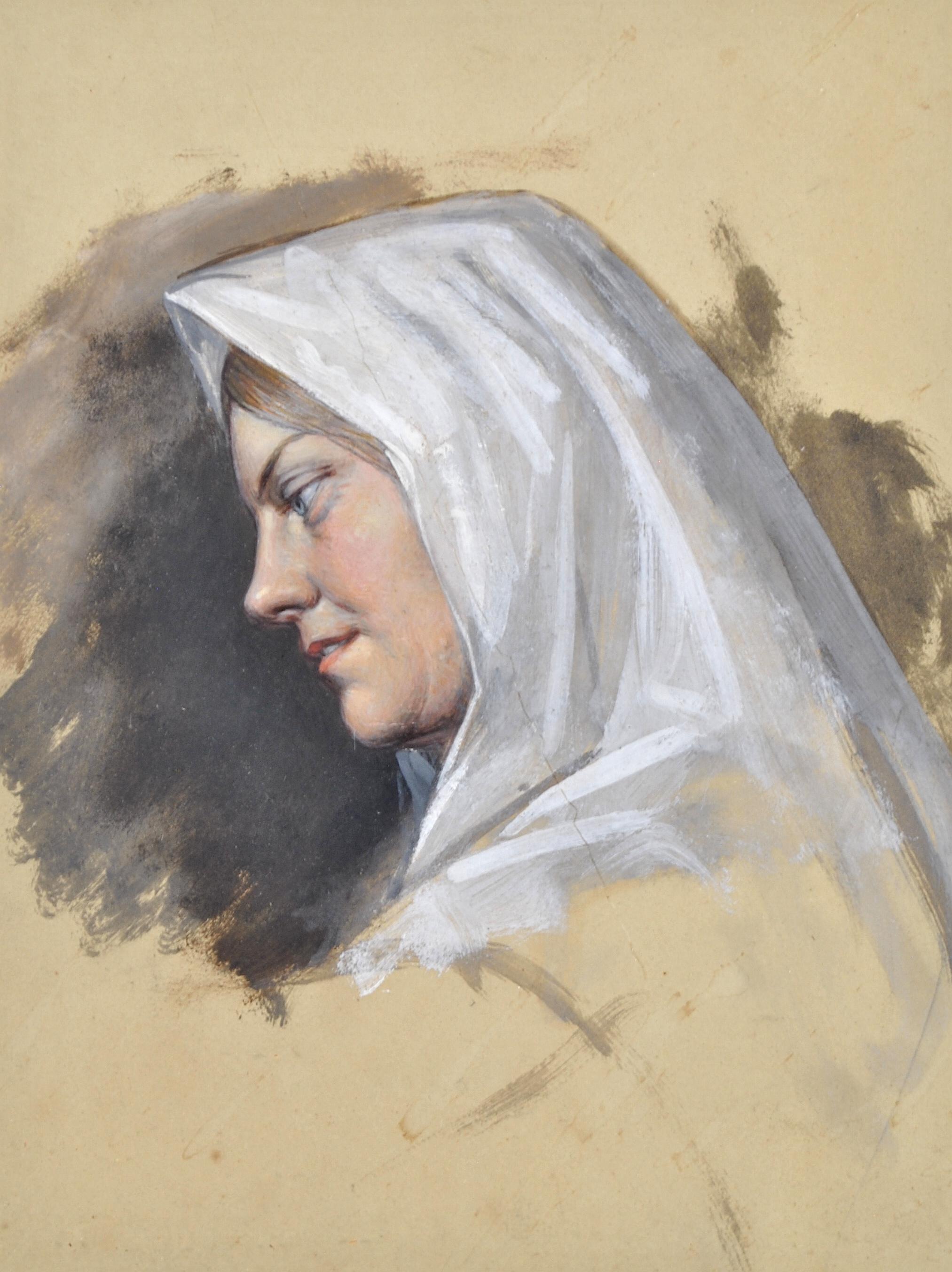 Lady in a White Shawl - 19th Century British Gouache Portrait Painting For Sale 1