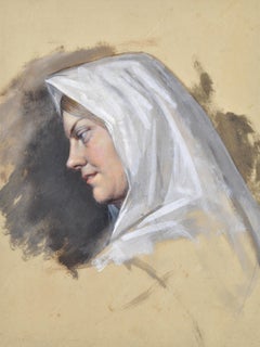Lady in a White Shawl - 19th Century British Gouache Portrait Painting