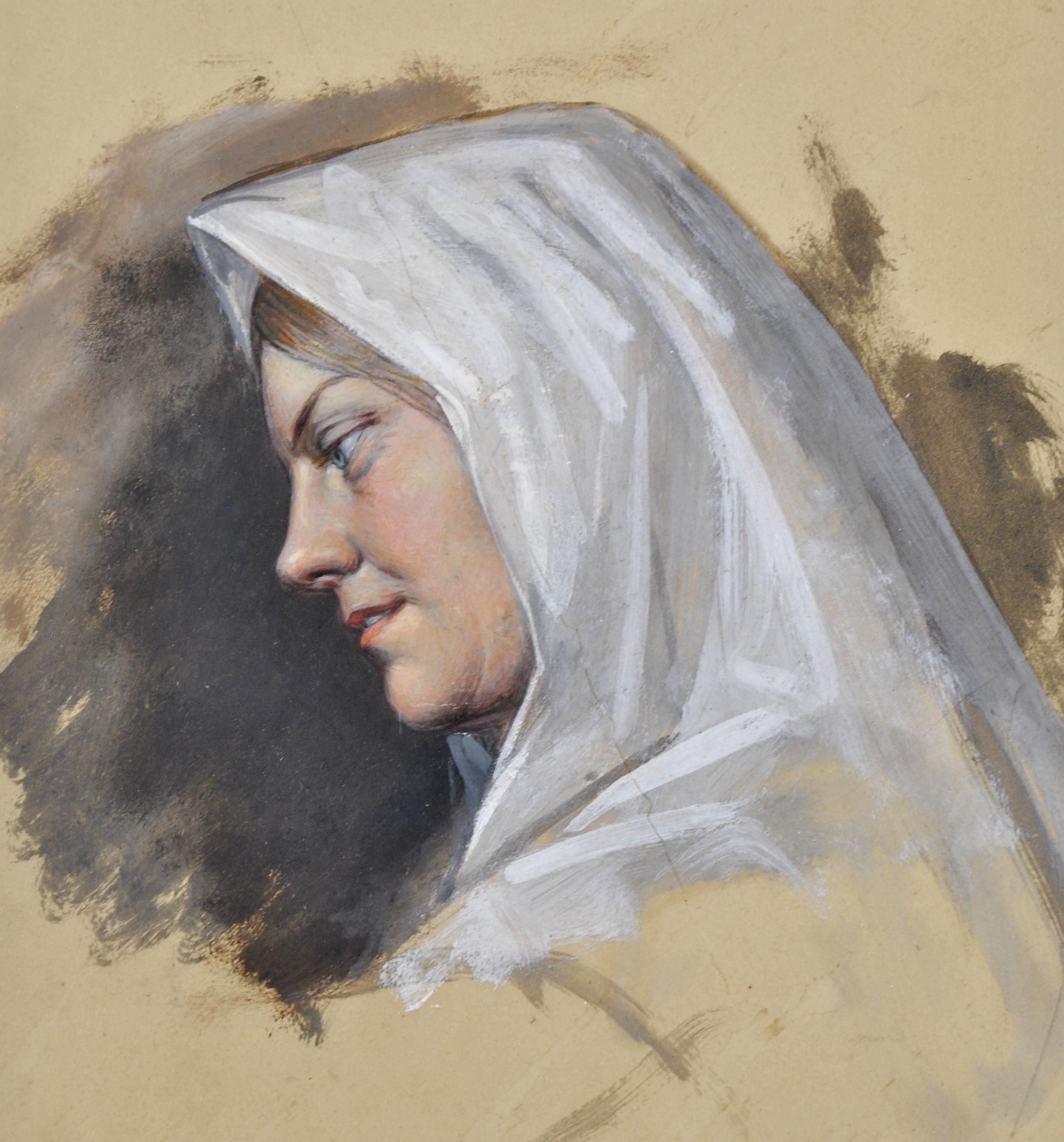 Lady in a White Shawl - 19th Century British Gouache Portrait Painting For Sale 2