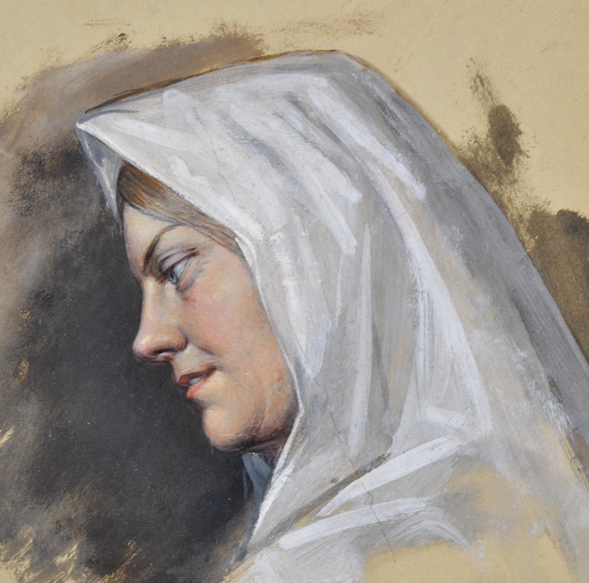 Lady in a White Shawl - 19th Century British Gouache Portrait Painting For Sale 3