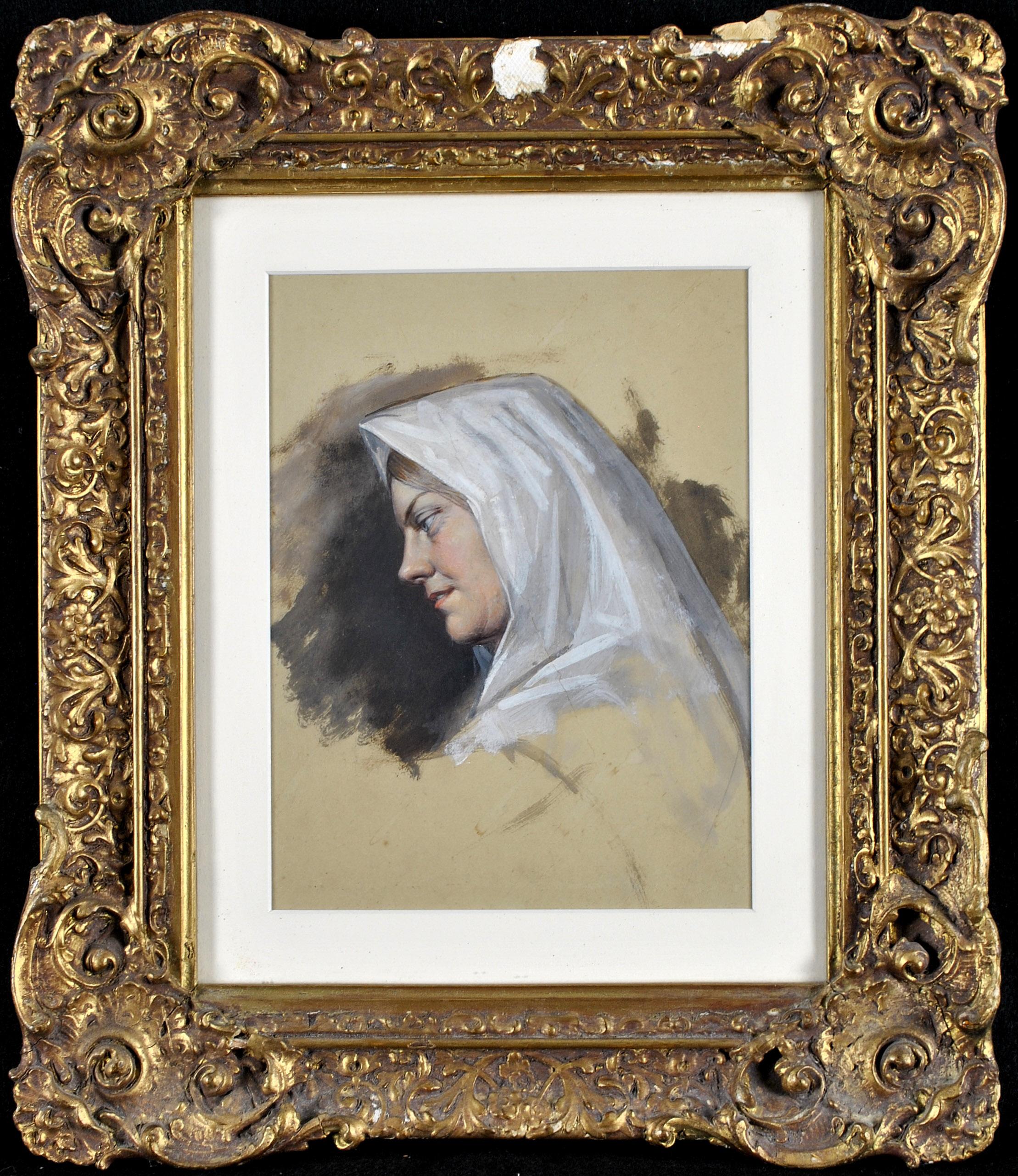 This striking late 19th century gouache on paper depicts a portrait of a young lady in a white shawl. The work is beautifully executed with a splash of colour behind the lady to accentuate her features. Presented in it's original swept gilt