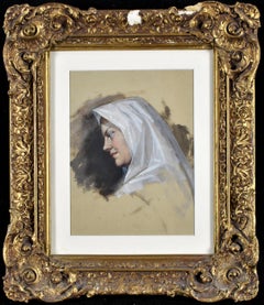 Lady in a White Shawl – britisches Gouache-Porträtgemälde in Weiß, 19. Jahrhundert