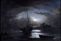 Near Barnstaple - Antique Moonlit Coastal Landscape Seascape Devon Painting