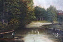Pastoral River Oil Landscape with Figures, Punt Boat, and Swans