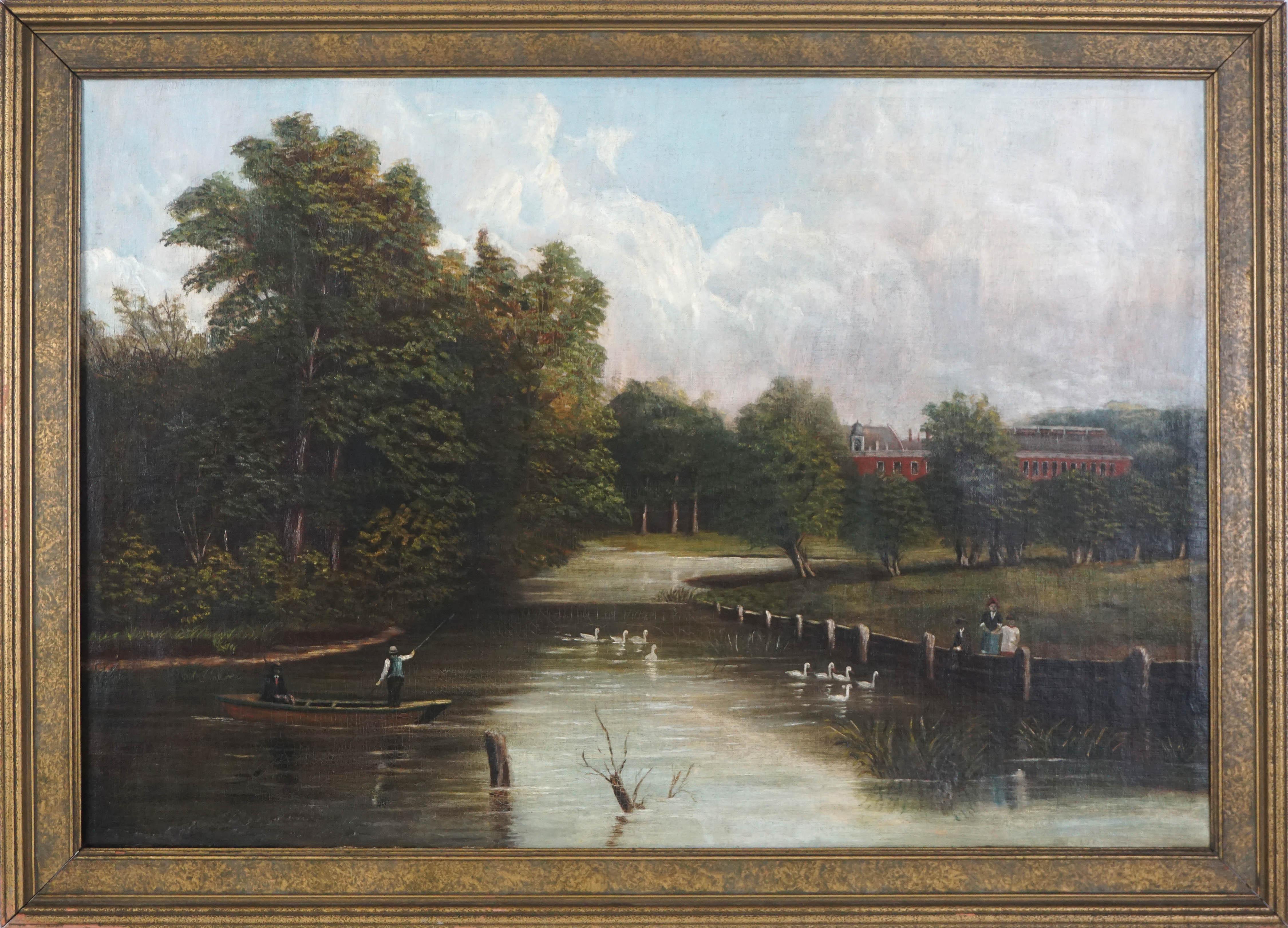 19th Century British School Landscape Painting - Pastoral River Oil Landscape with Figures, Punt Boat, and Swans