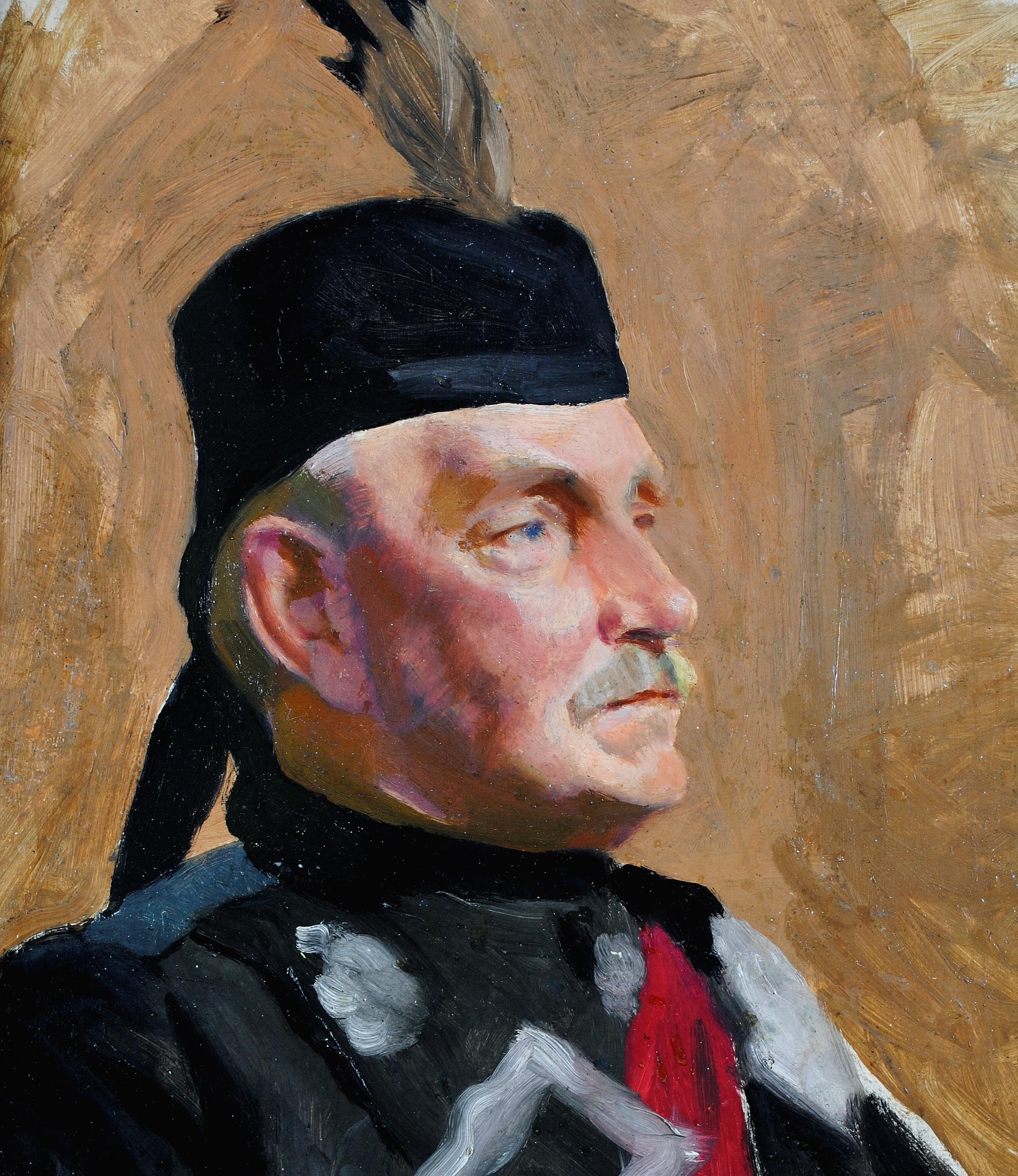 A superb late 19th or early 20th century oil on board portrait of a British Army officer, possibly of a Scottish regiment.

Excellent quality portrait of the seated officer wearing a black cap with large feather and black jacket with a red