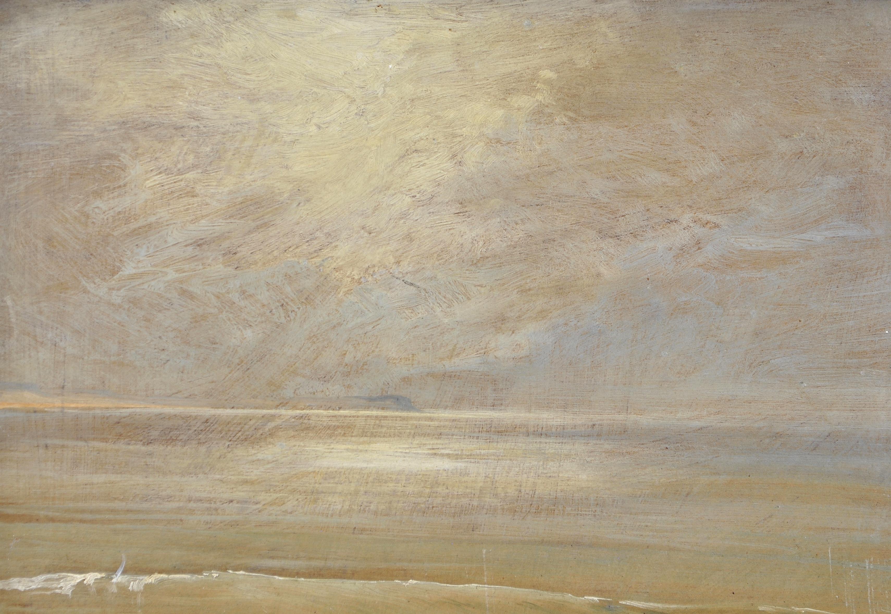 A beautiful signed and dated 1875 impressionist oil on board depicting a calm sea with a hazy light breaking through the clouds.

Excellent quality work, signed with initials and presented in a painted frame. A very lovely and atmospheric