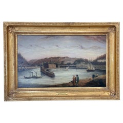 Peinture à l'huile sur panneau de l'école britannique du XIXe siècle "Vue du port".