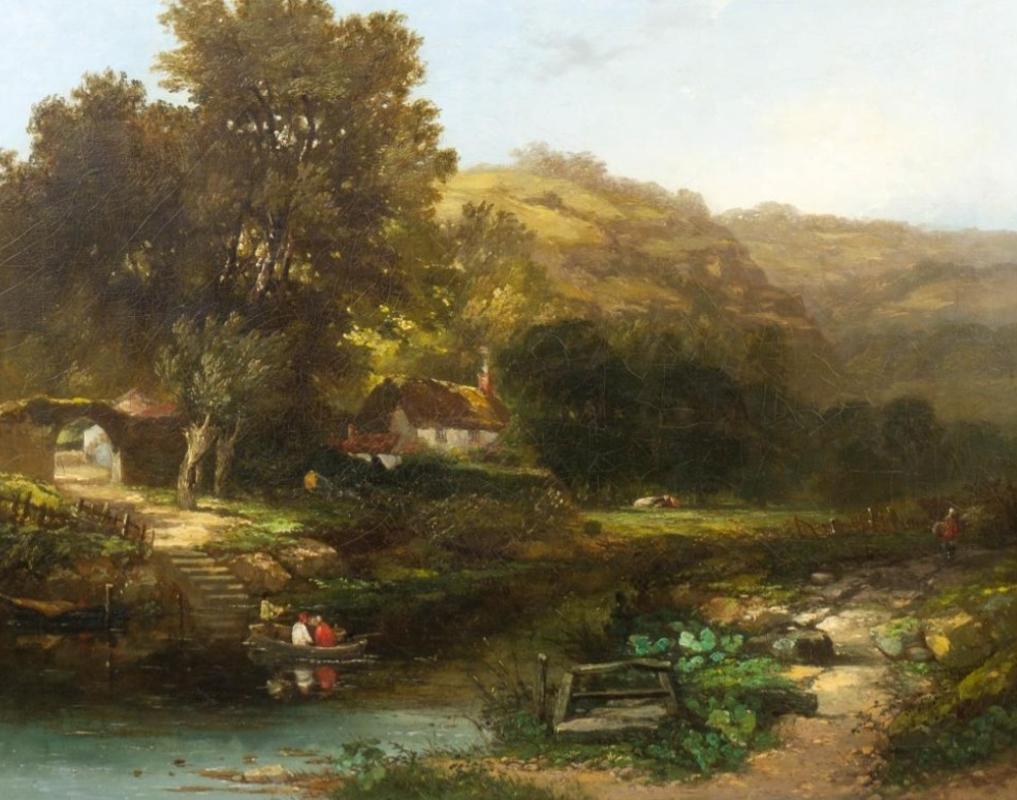 19th century British school rural landscape oil on canvas painting.
Depicts figures in a boat and a thatched cottage in the background among the mountains. Slight damage to the frame but still lovely with it's beautiful imagery and colors.