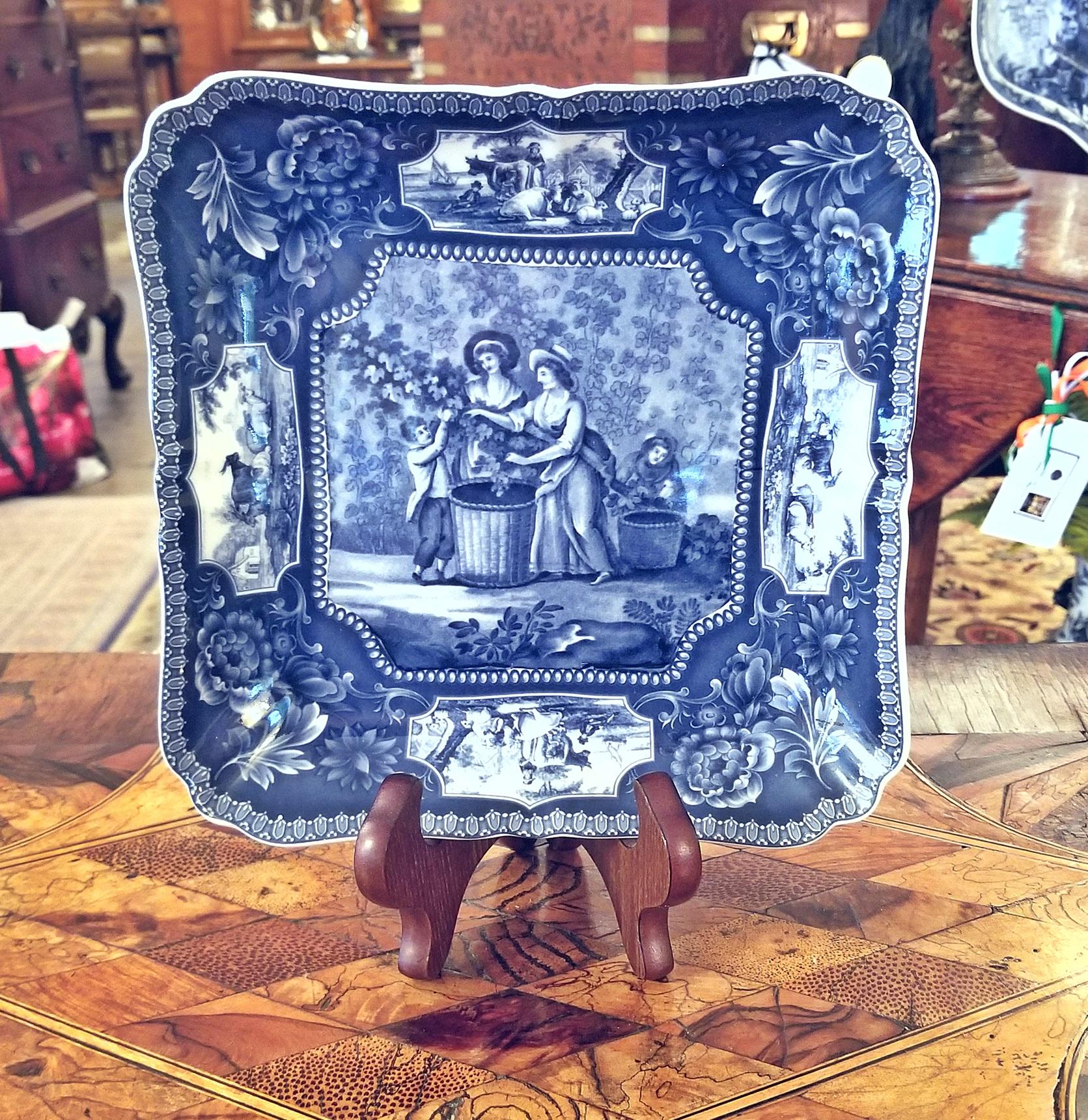 High Victorian 19th Century British Staffordshire Pottery Blue and White Square Plaque