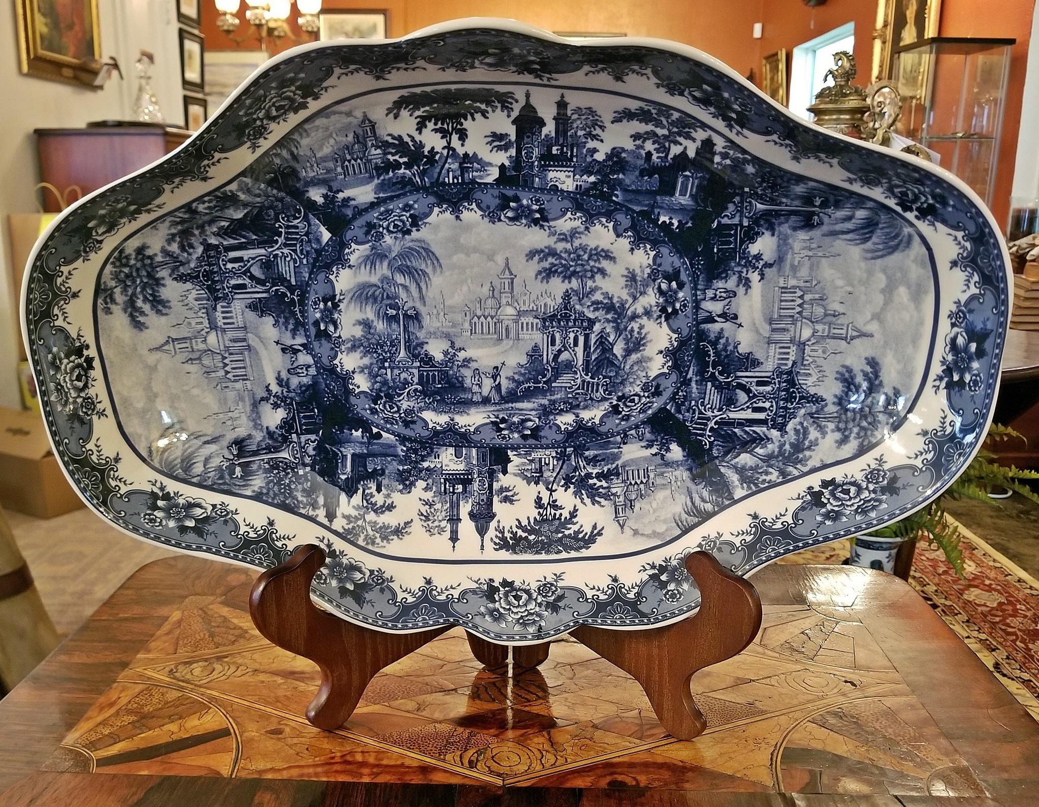 Really nice blue and white meat platter or game dish.

We have been unable to identify the makers mark but are of the opinion that it was most likely made in Staffordshire, England circa 1860. It is possible it could also have been made in