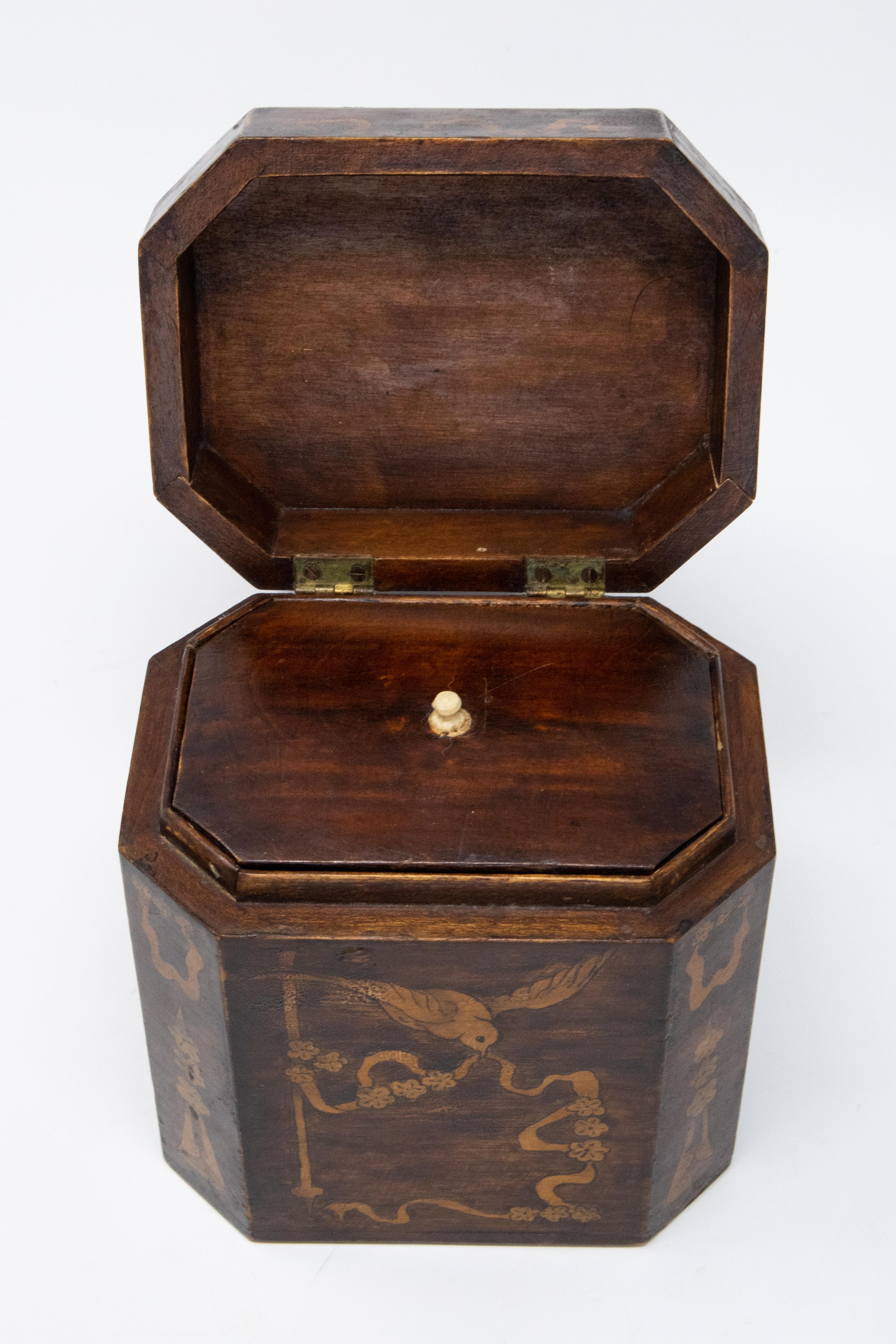 Carved British Tea Caddy with Inlay For Sale