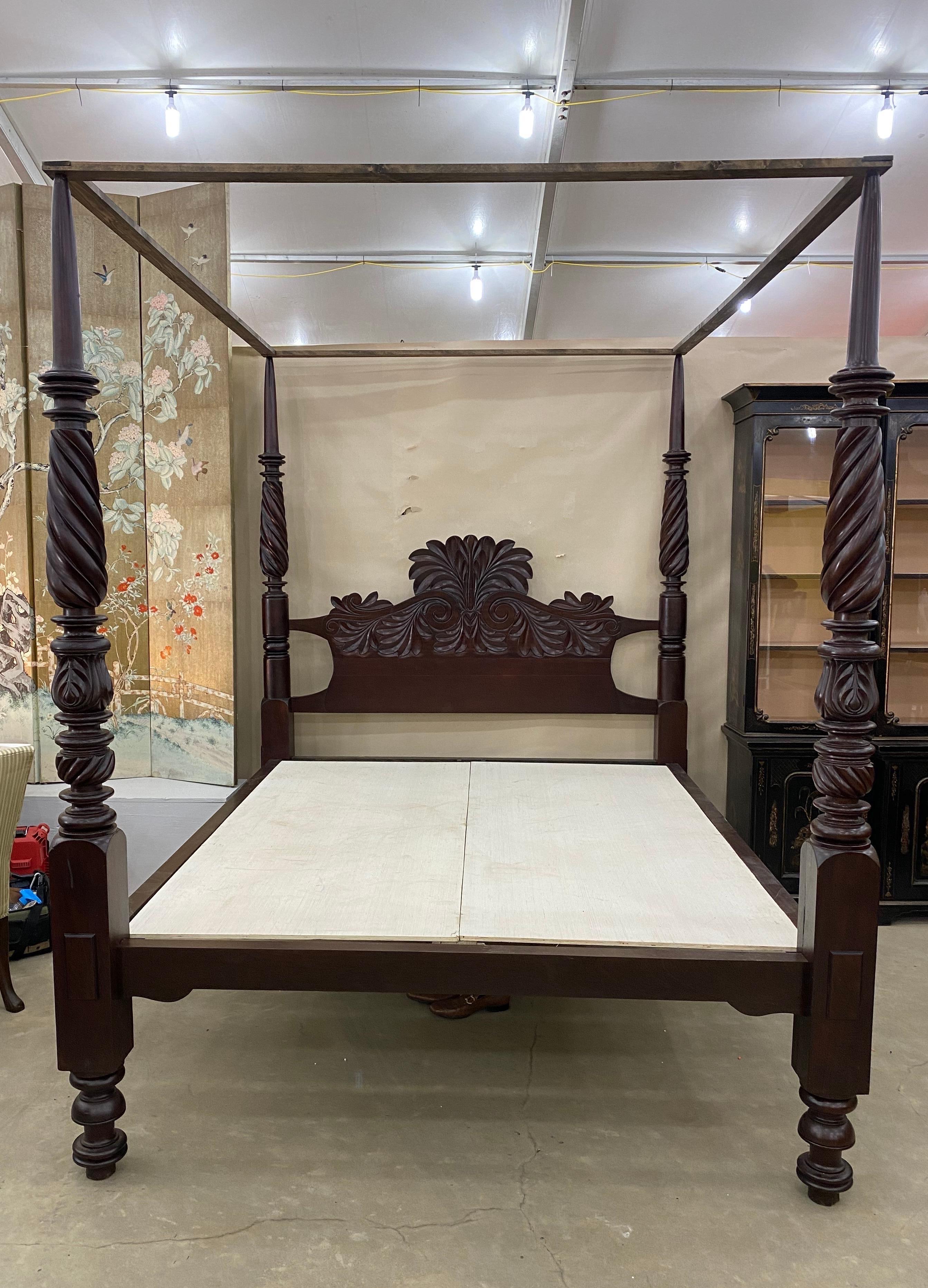 Incredible 19th century British West Indies 4 post bed from Jamaica. Incredibly hand carved bed made of the finest local Jamaican mahogany in the 1820s. The headboard is a typical Jamaican theme but includes a fairly rarely seen heart motif carved