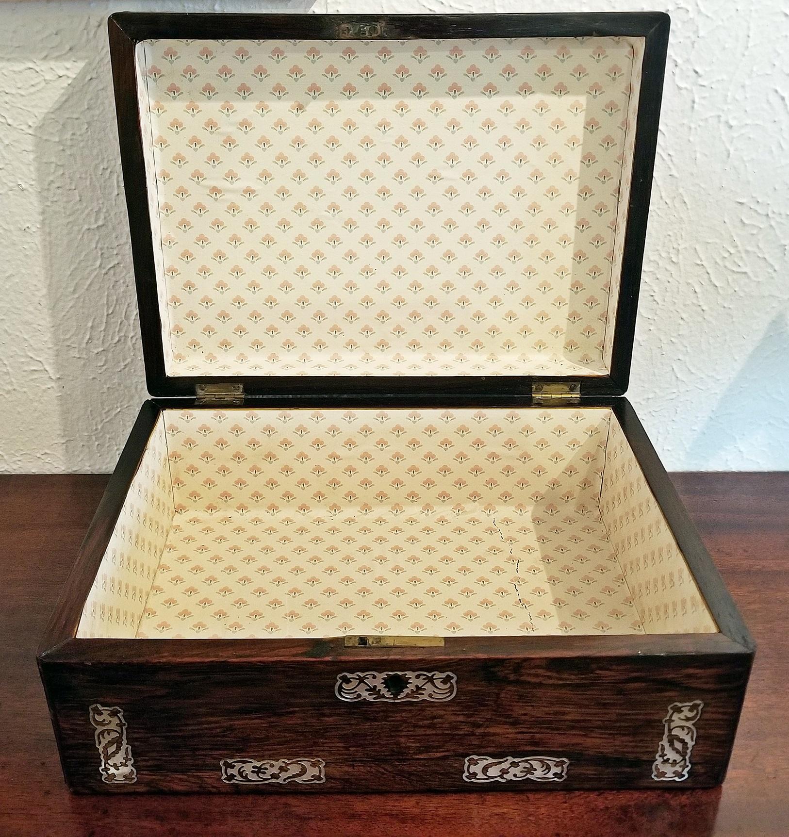 Hand-Crafted 19th Century British Wood and Mother of Pearl Inlaid Dressing Table Box